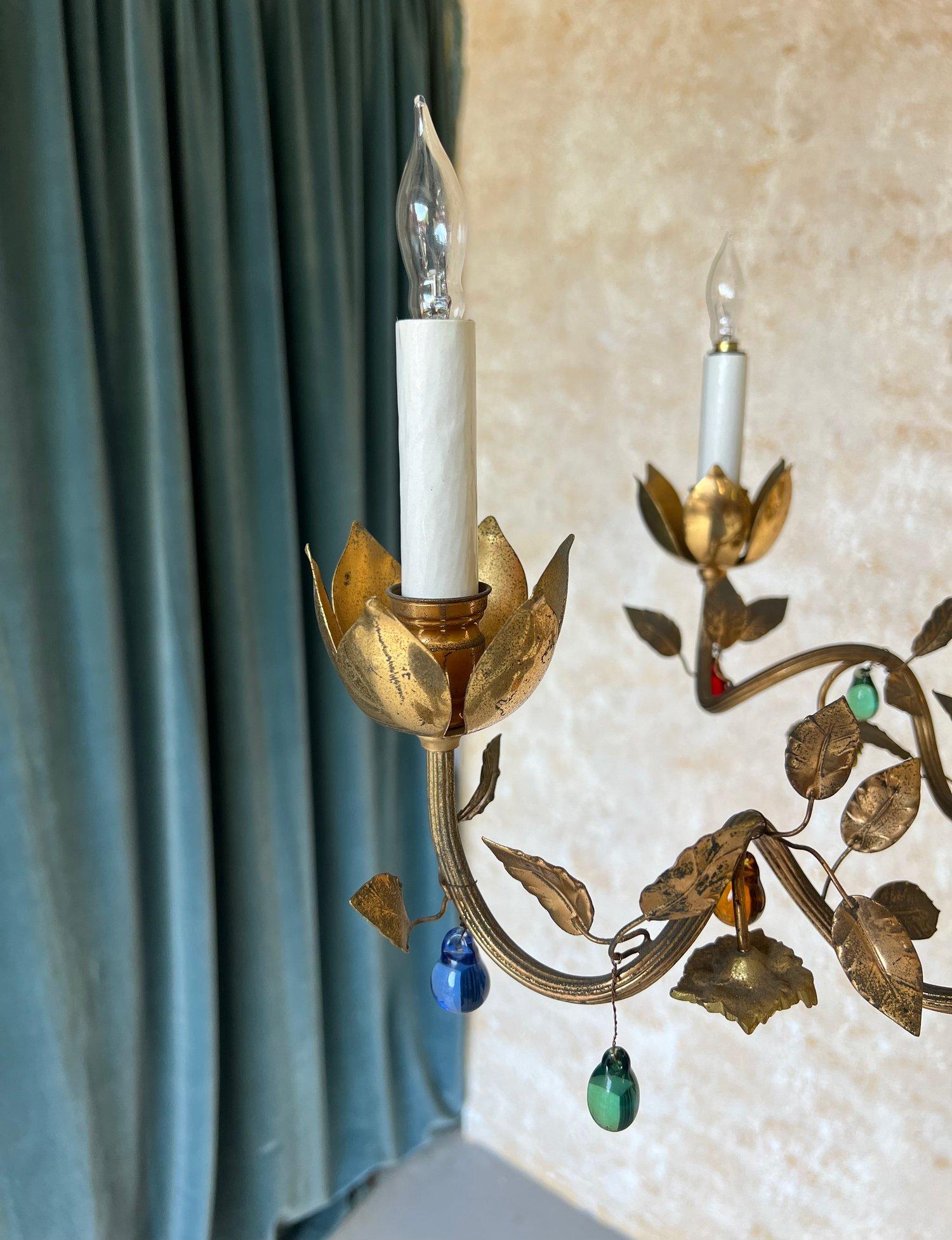 1960's Spanish Gilt Metal Chandelier with Colored Glass For Sale 10