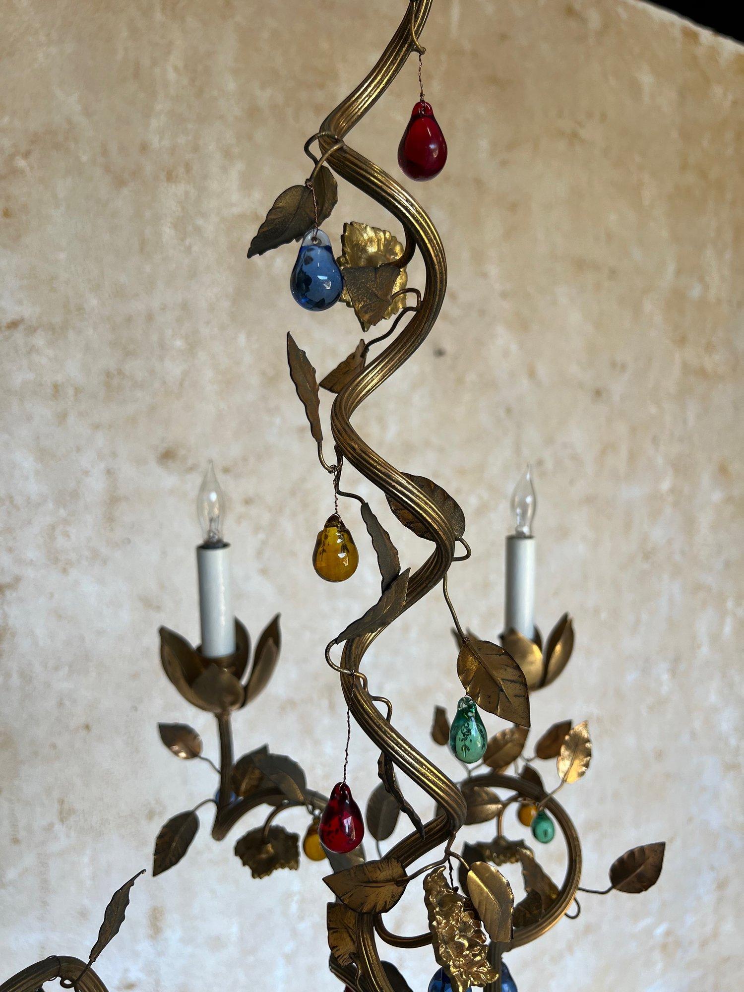 1960's Spanish Gilt Metal Chandelier with Colored Glass For Sale 11