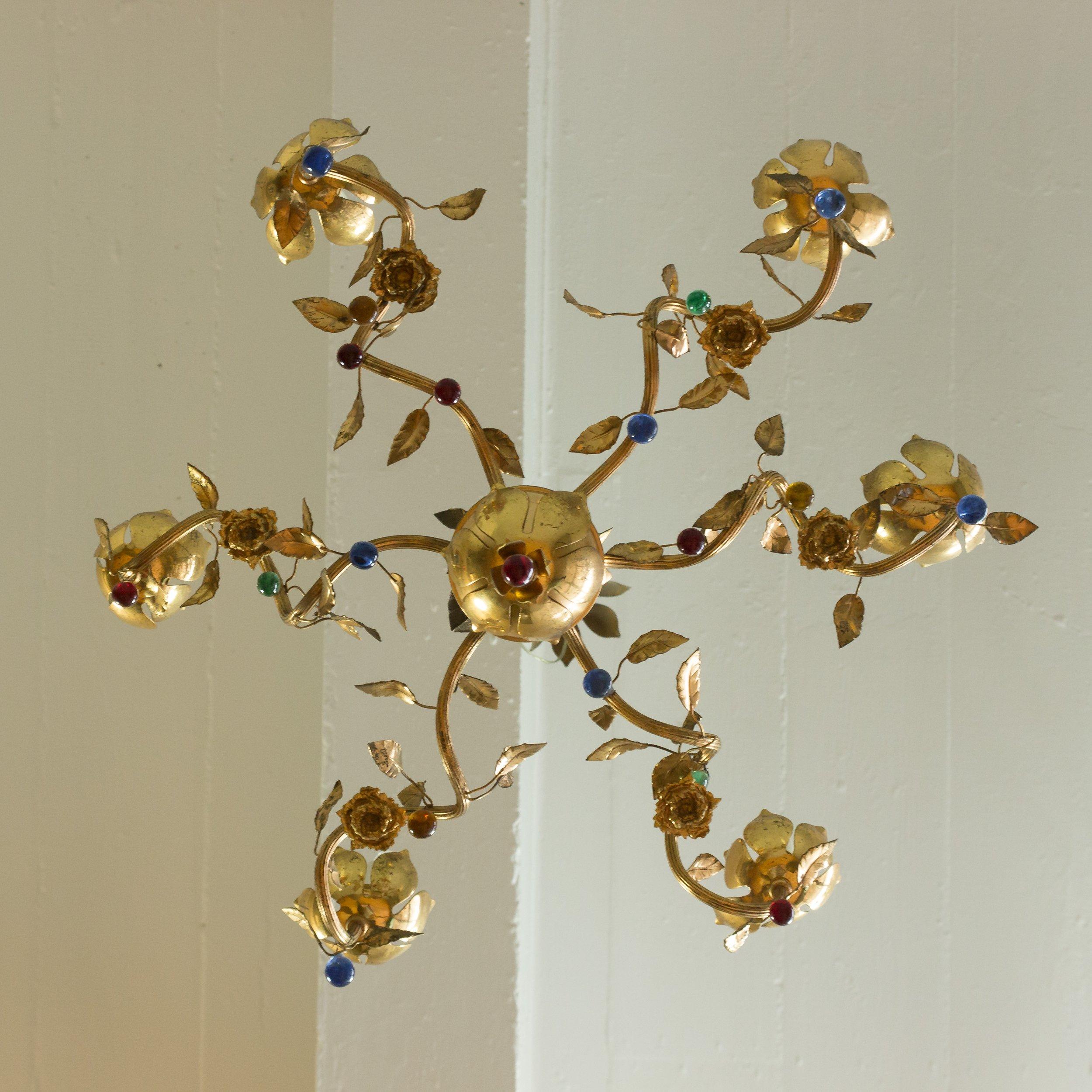 1960's Spanish Gilt Metal Chandelier with Colored Glass For Sale 12
