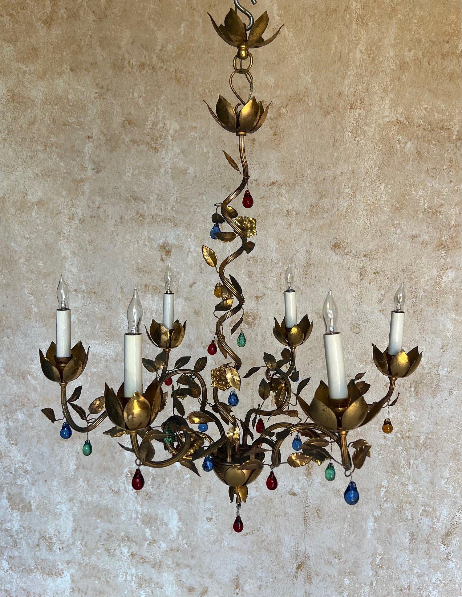 1960's Spanish Gilt Metal Chandelier with Colored Glass For Sale 13