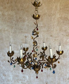 Araña española de metal dorado de los años 60 con cristal de colores