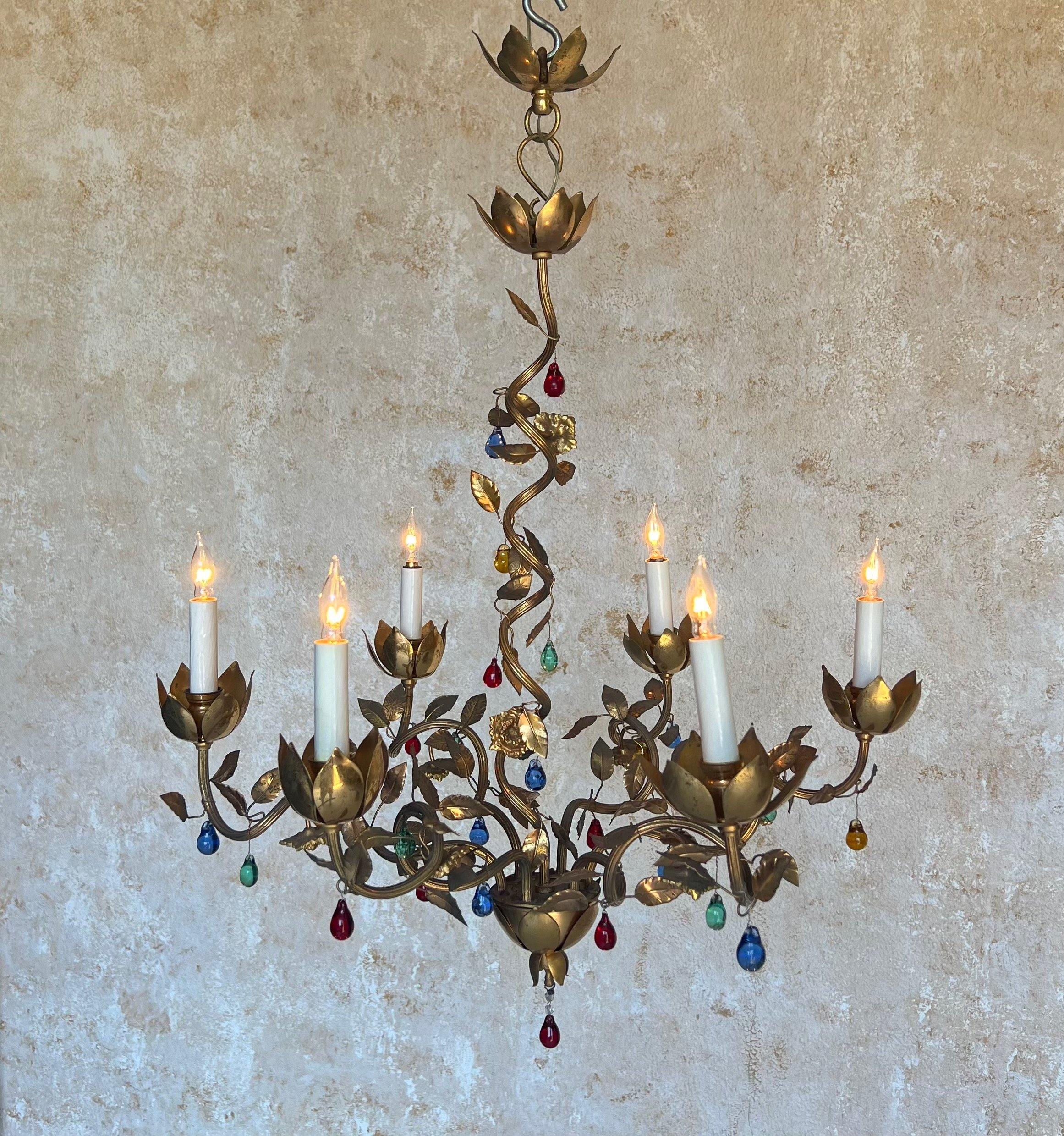 Art Nouveau 1960's Spanish Gilt Metal Chandelier with Colored Glass For Sale