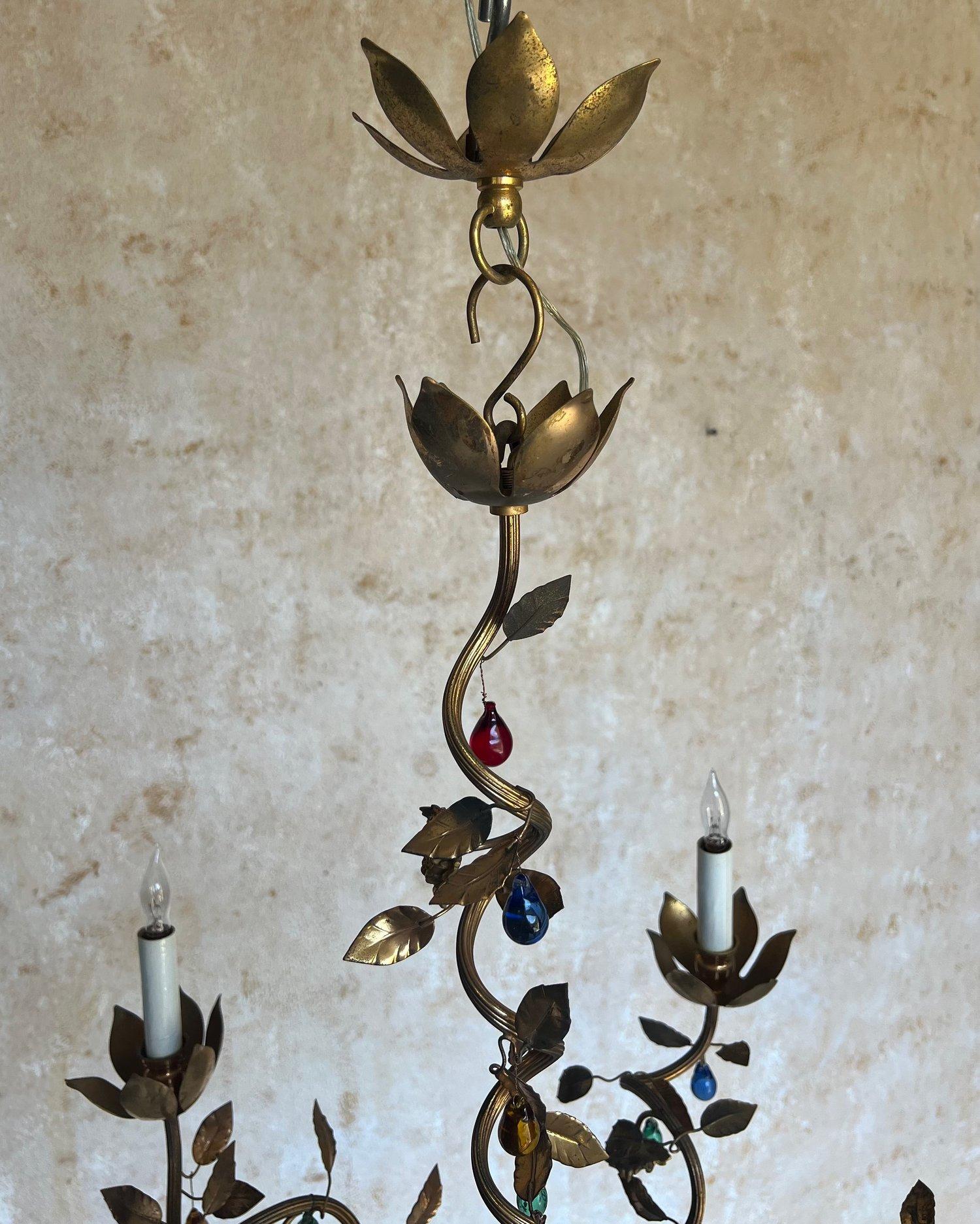 1960's Spanish Gilt Metal Chandelier with Colored Glass In Good Condition For Sale In Buchanan, NY
