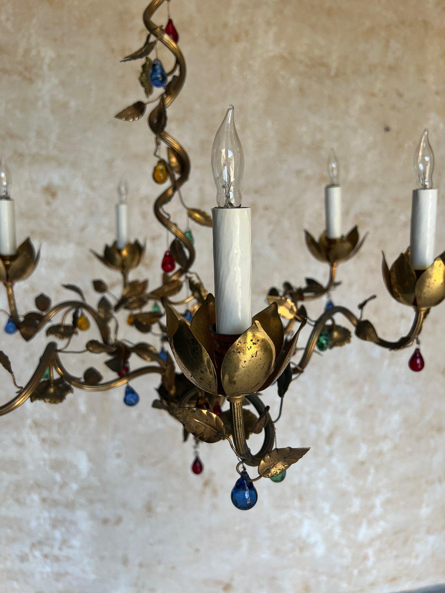Mid-20th Century 1960's Spanish Gilt Metal Chandelier with Colored Glass For Sale