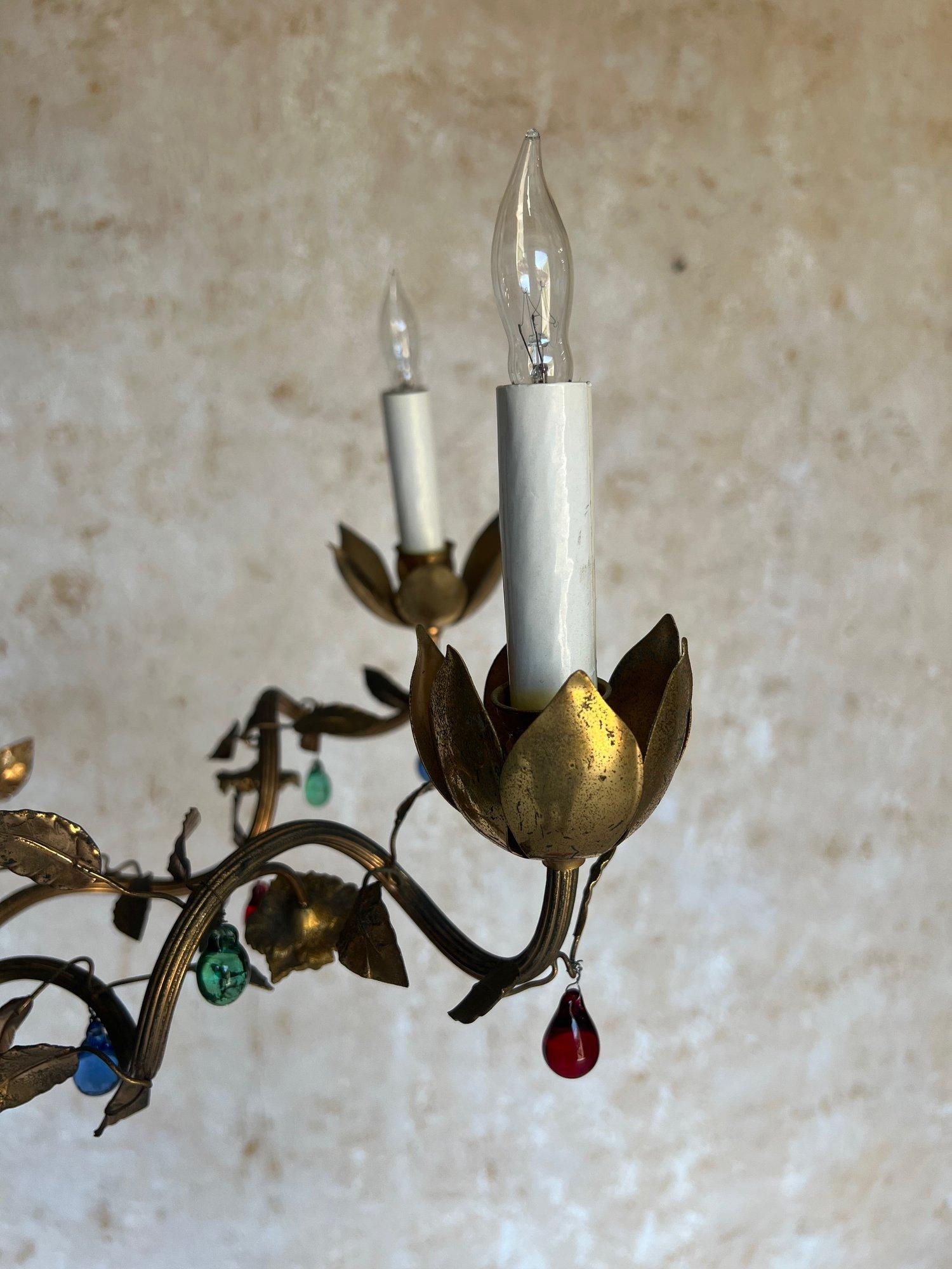 1960's Spanish Gilt Metal Chandelier with Colored Glass For Sale 1