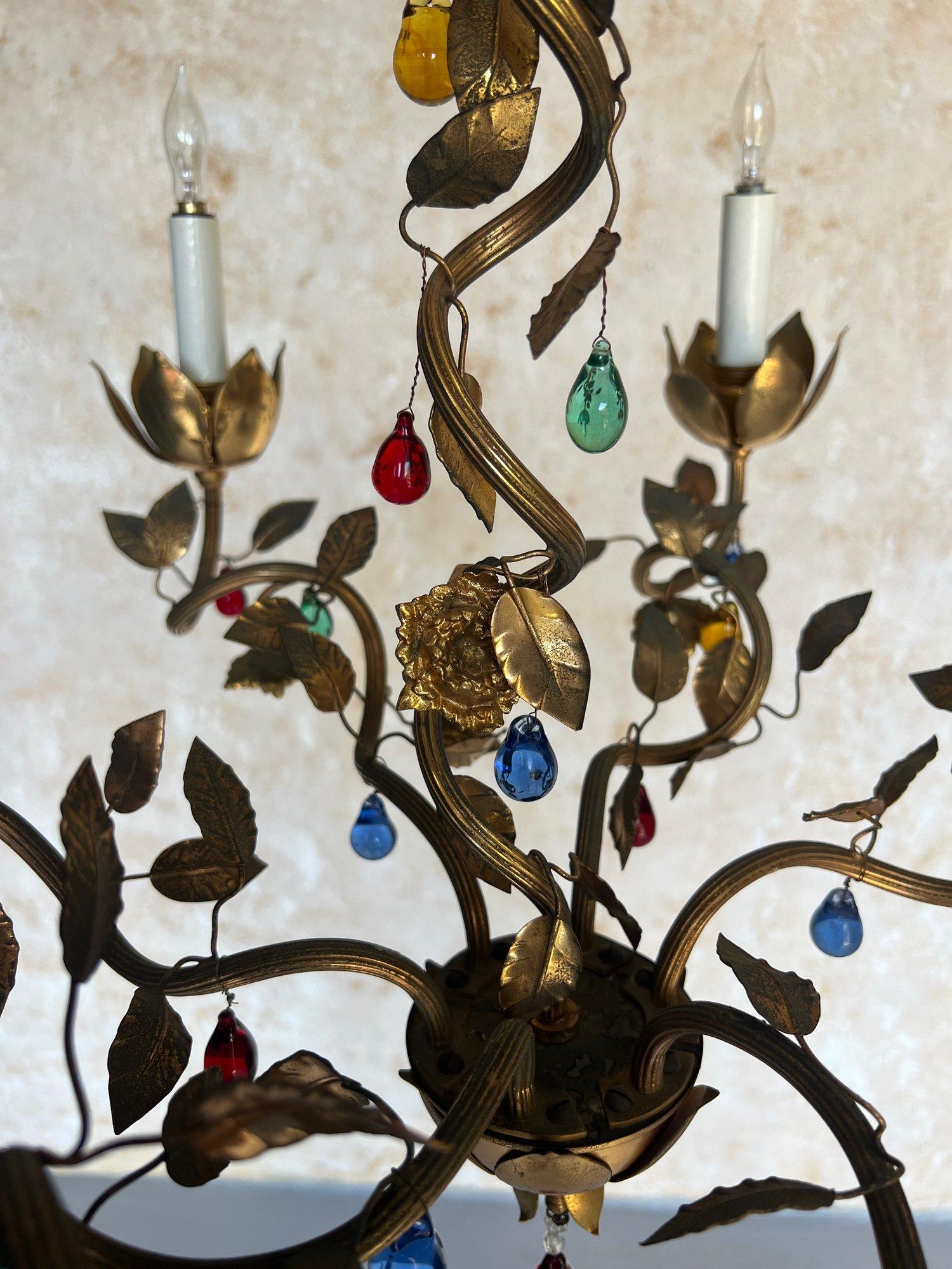 1960's Spanish Gilt Metal Chandelier with Colored Glass For Sale 2