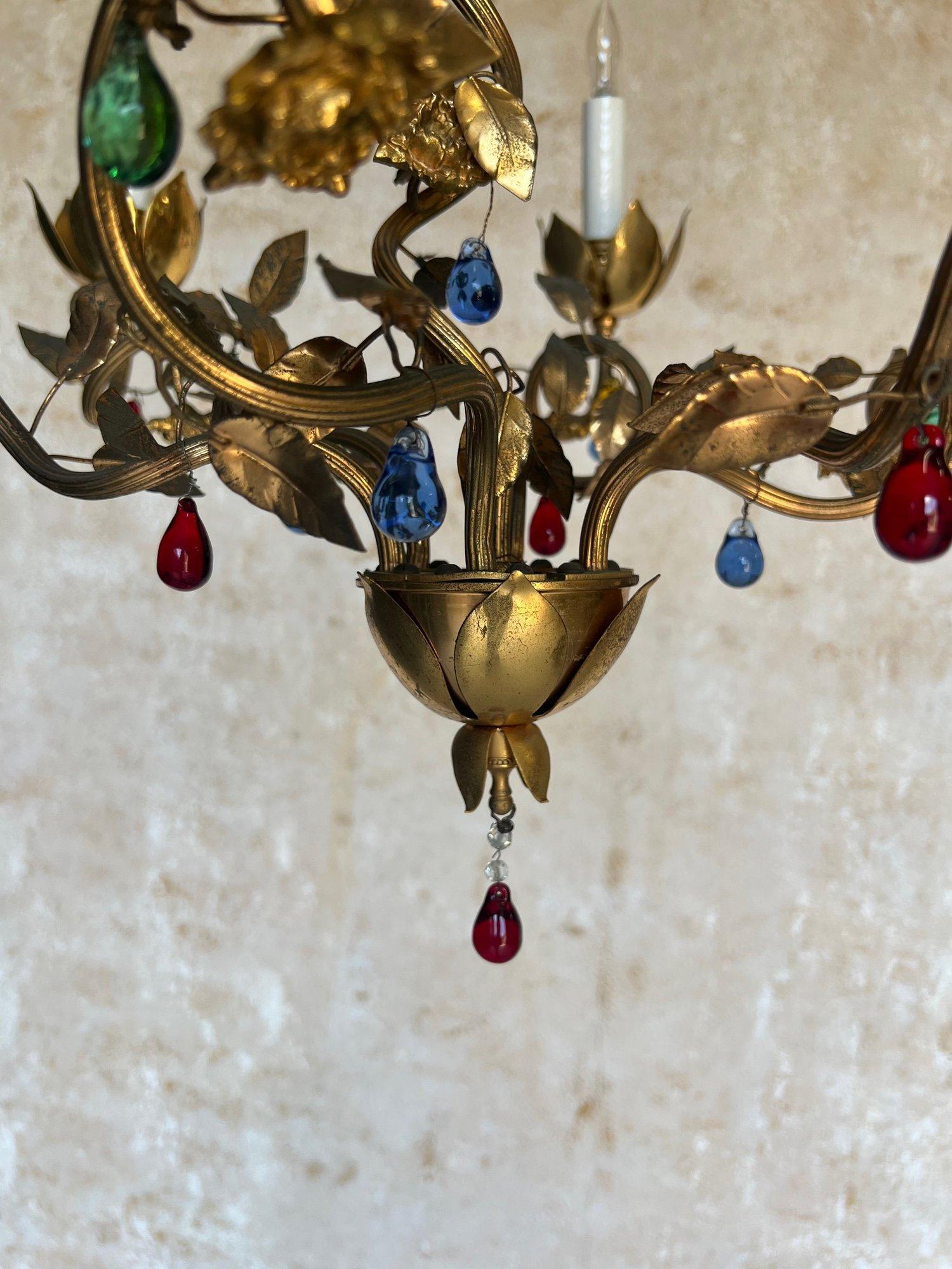 1960's Spanish Gilt Metal Chandelier with Colored Glass For Sale 3
