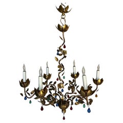 1960's Spanish Gilt Metal Chandelier with Colored Glass