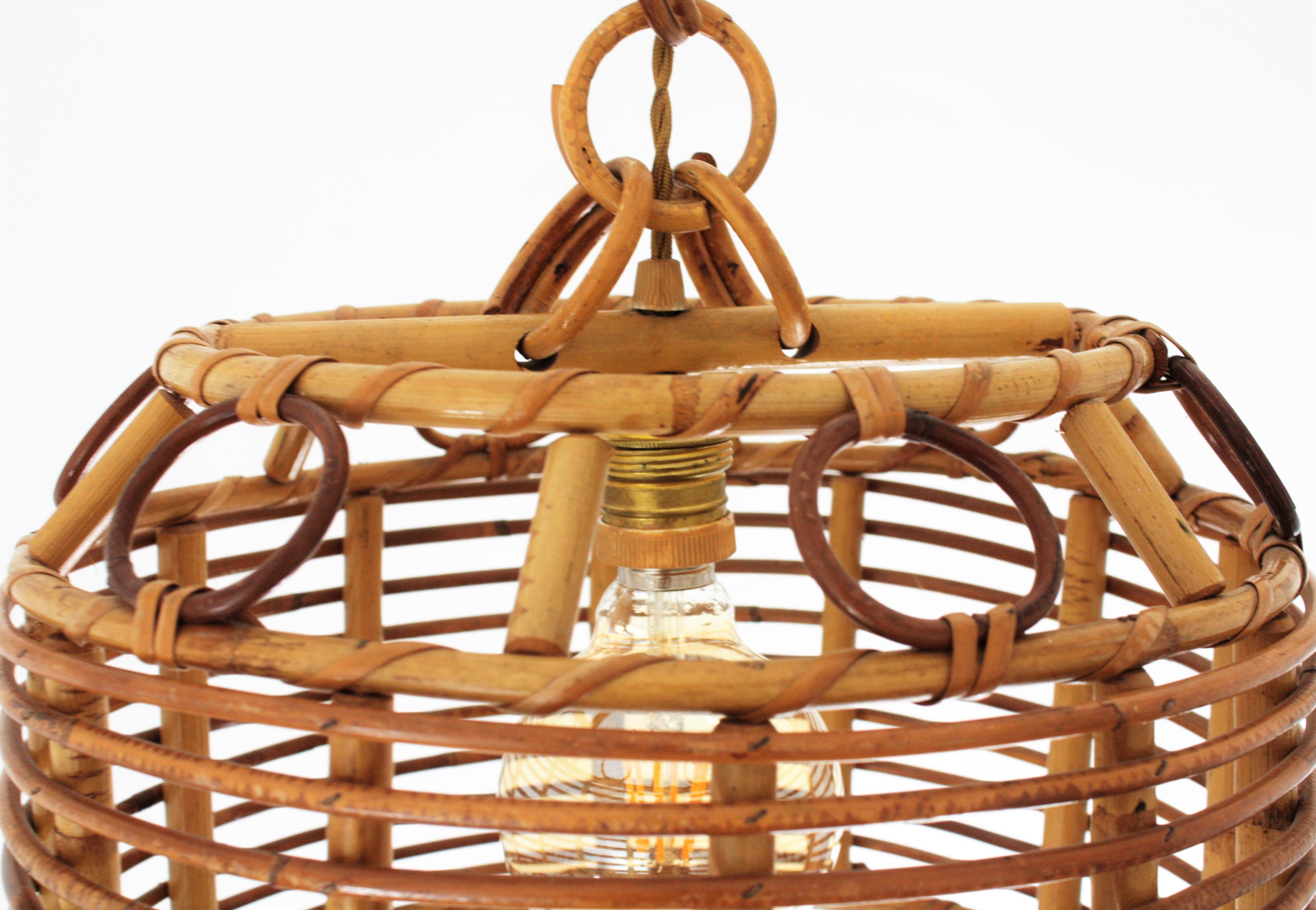 1960s Spanish Mid-Century Modern Bamboo and Rattan Pendant Hanging Lamp 4