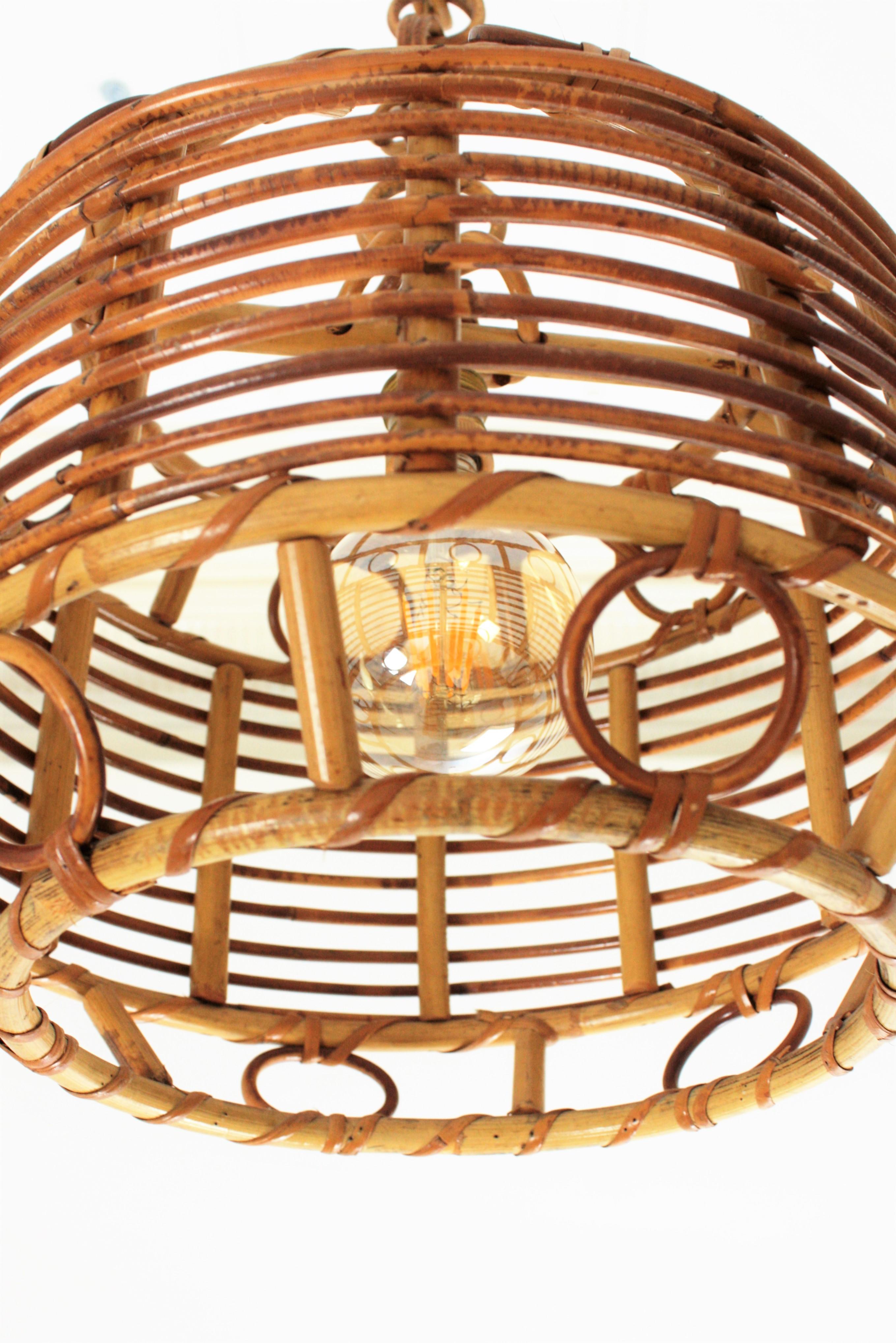 20th Century 1960s Spanish Mid-Century Modern Bamboo and Rattan Pendant Hanging Lamp