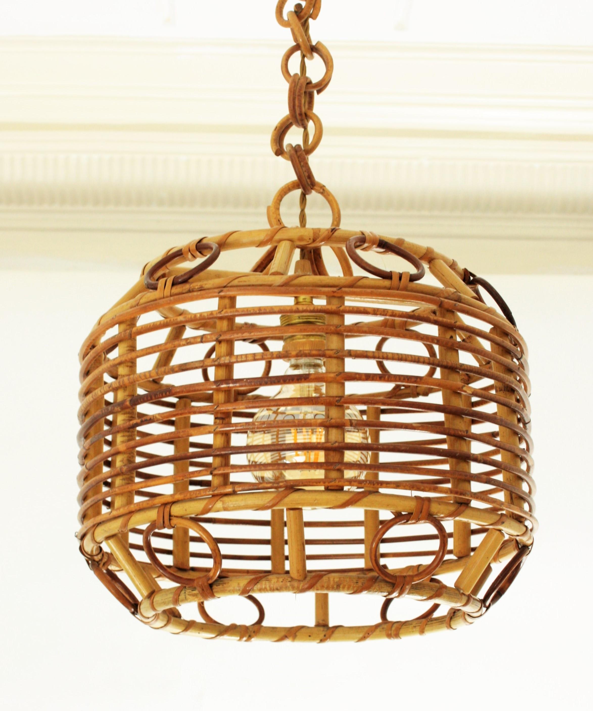 1960s Spanish Mid-Century Modern Bamboo and Rattan Pendant Hanging Lamp 1