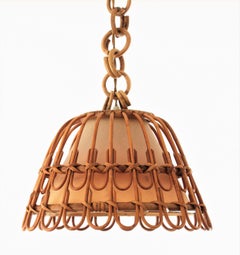 Spanish Wicker and Rattan Pendant Hanging Lamp, Mid-Century Modern Period