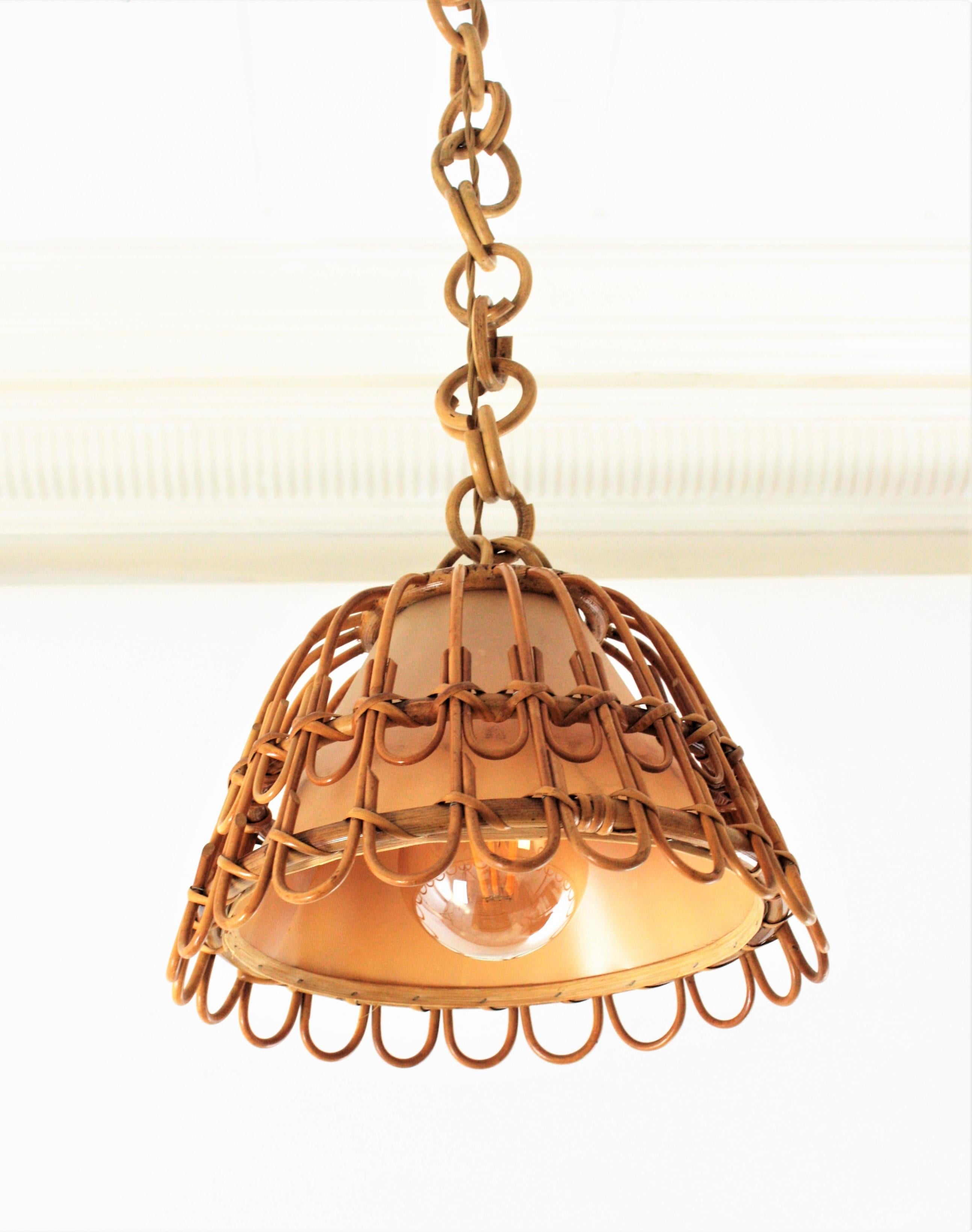 Spanish Wicker and Rattan Pendant Hanging Lamp, Mid-Century Modern Period In Excellent Condition In Barcelona, ES