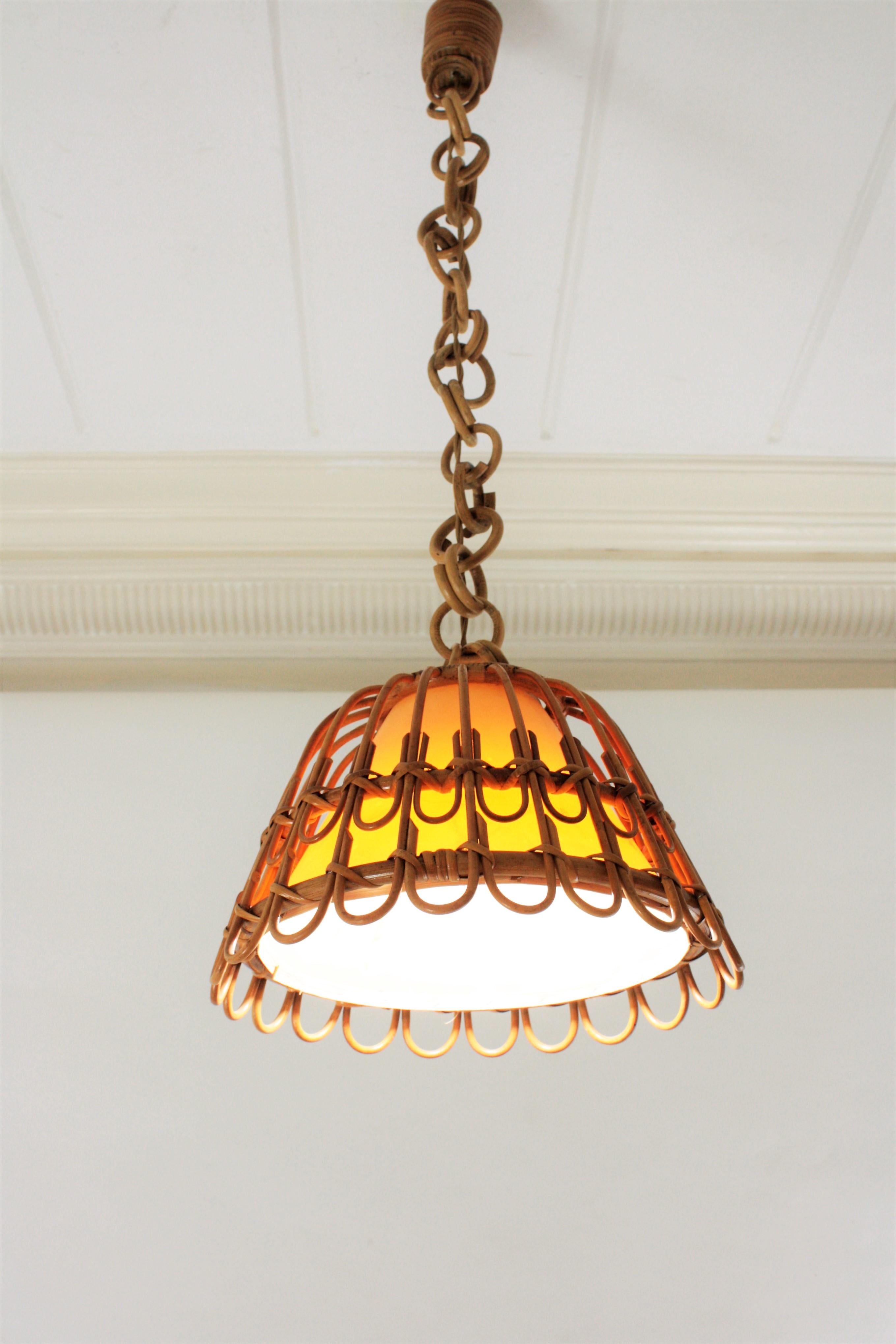 20th Century Spanish Wicker and Rattan Pendant Hanging Lamp, Mid-Century Modern Period