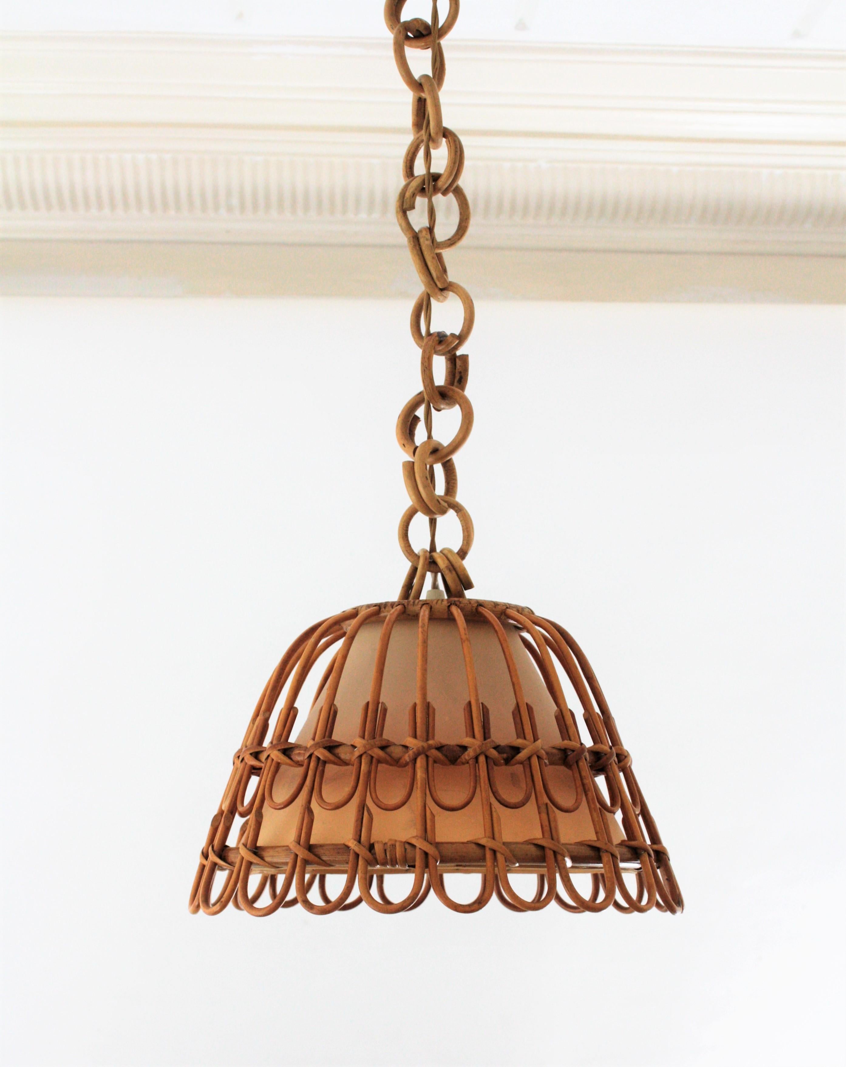 Spanish Wicker and Rattan Pendant Hanging Lamp, Mid-Century Modern Period 1