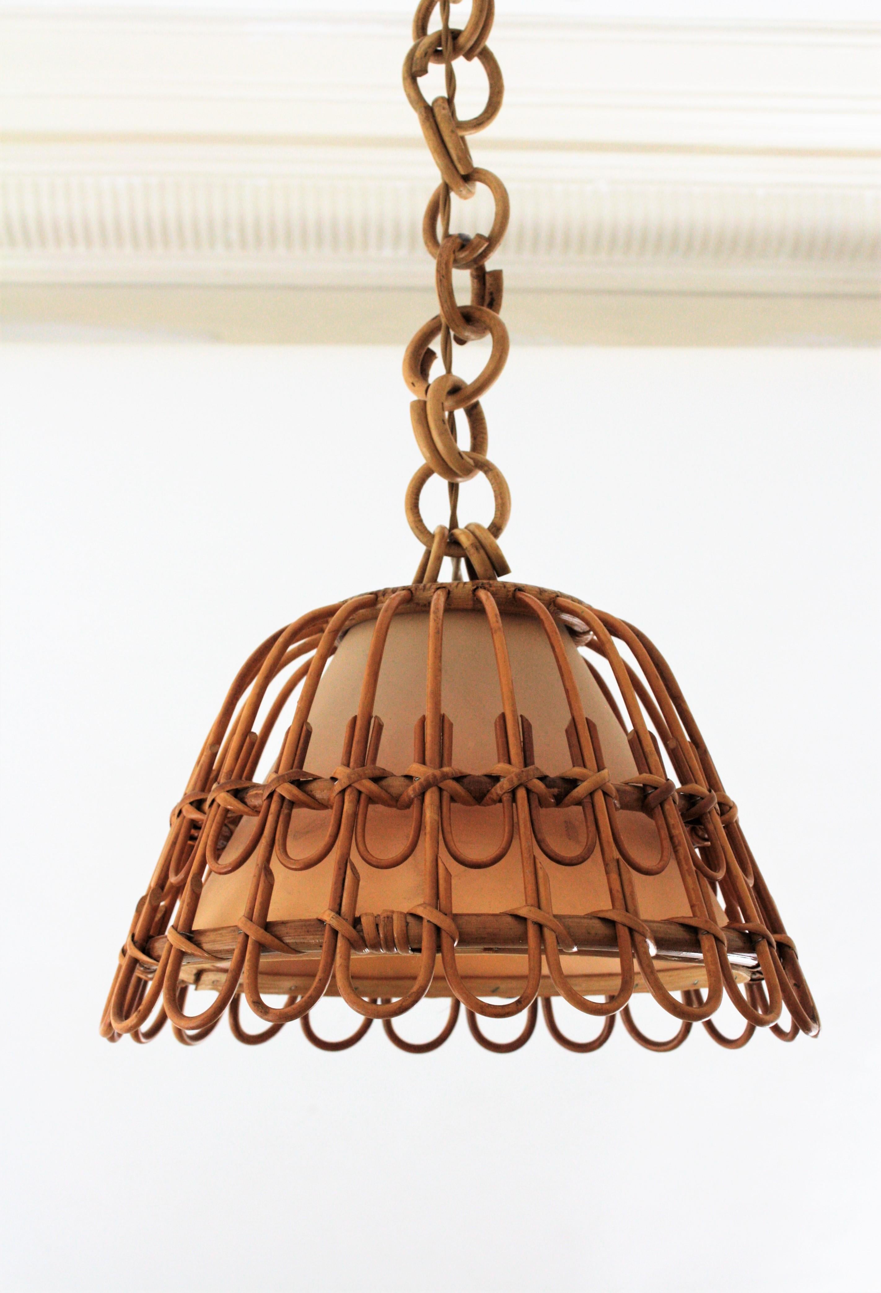 Spanish Wicker and Rattan Pendant Hanging Lamp, Mid-Century Modern Period 2