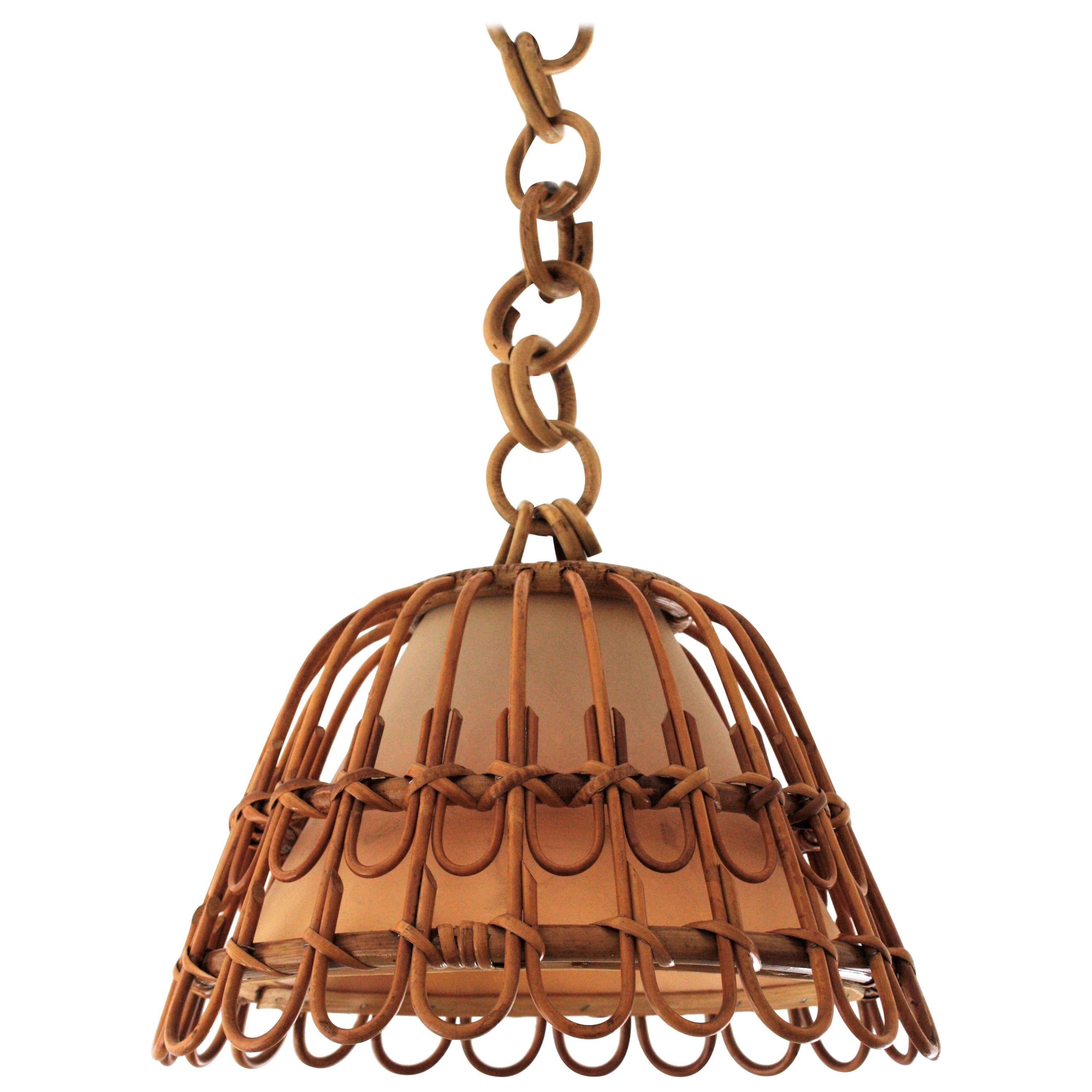 Spanish Wicker and Rattan Pendant Hanging Lamp, Mid-Century Modern Period