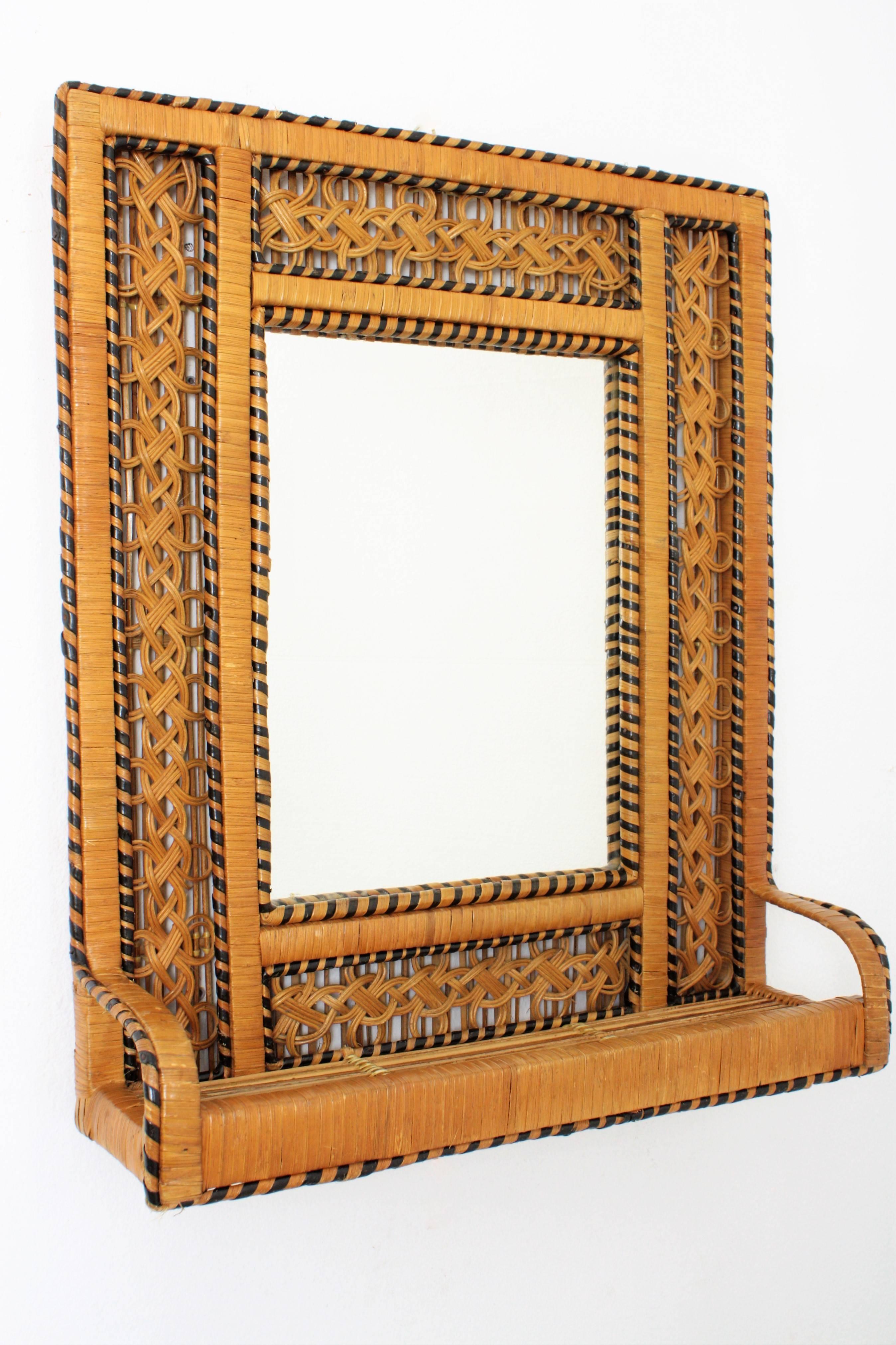 Hand-Crafted 1960s Spanish Mid-Century Modern Woven Wicker and Rattan Filigree Shelf Mirror 