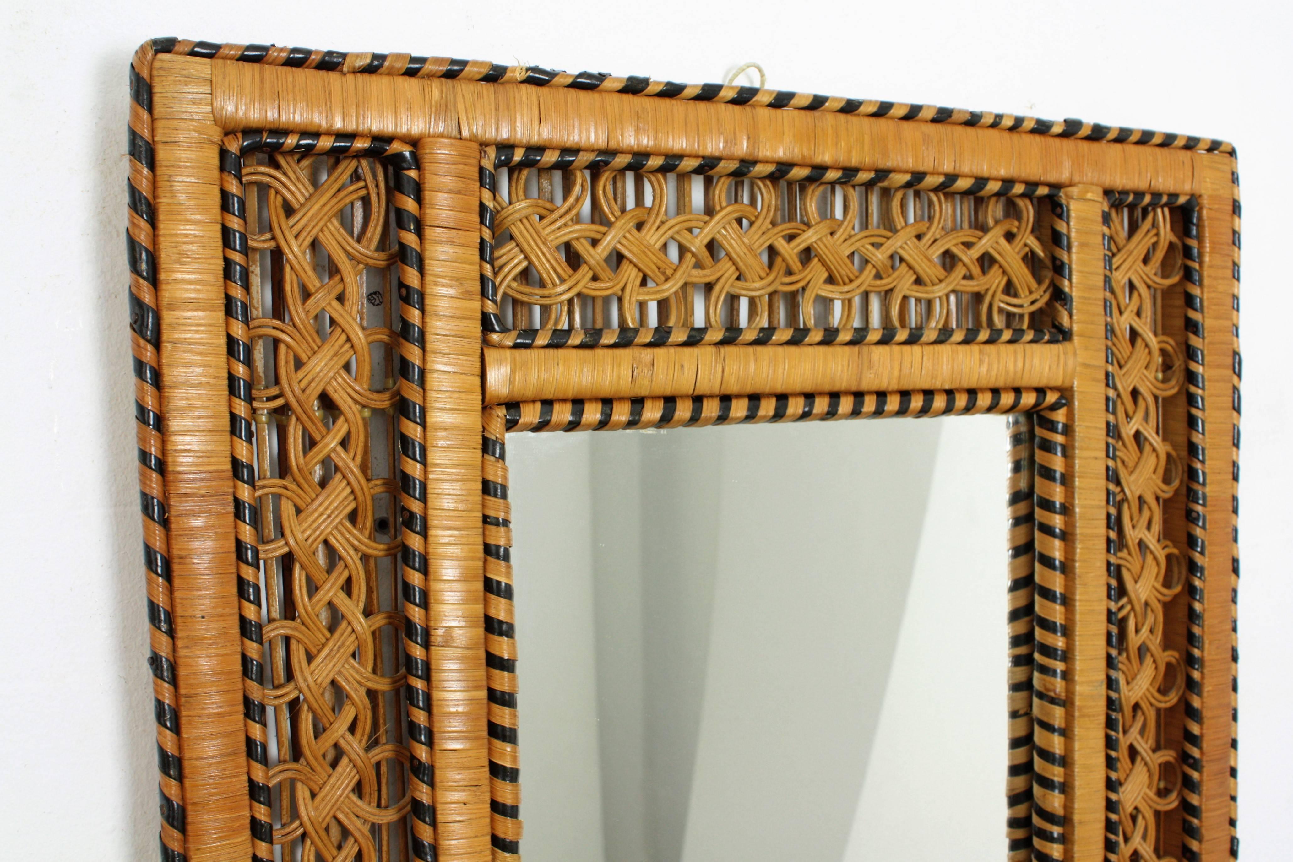 1960s Spanish Mid-Century Modern Woven Wicker and Rattan Filigree Shelf Mirror  2