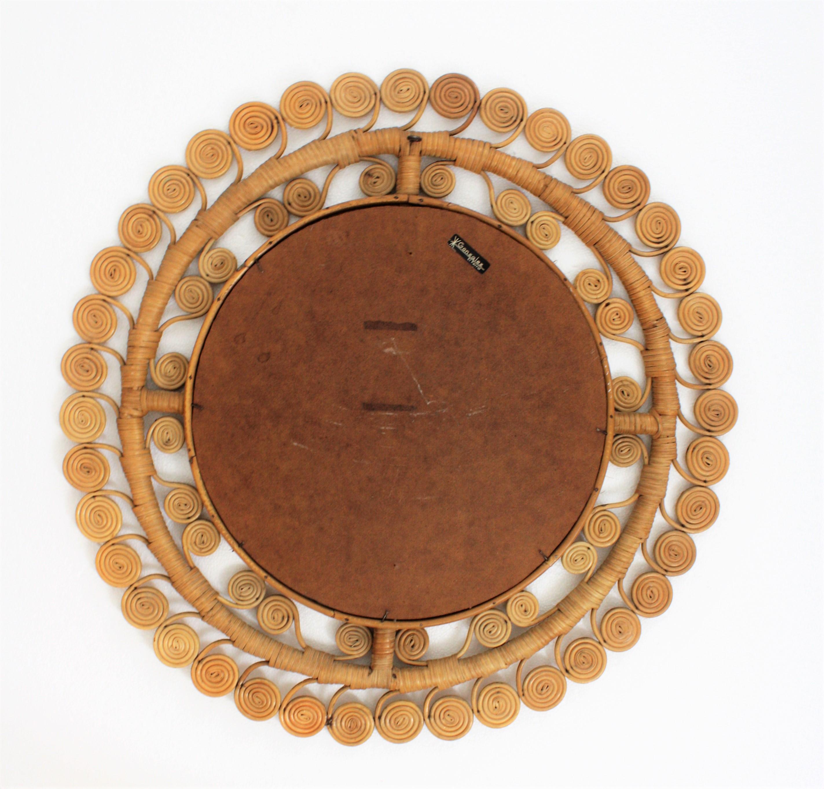 Rattan Round Mirror with Filigree Scrollwork Frame, Spain, 1960s 1