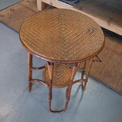 1960s Spanish Round Woven Wicker & Bamboo Side Table