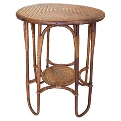 1960s Spanish Round Woven Wicker 
Bamboo Side Table