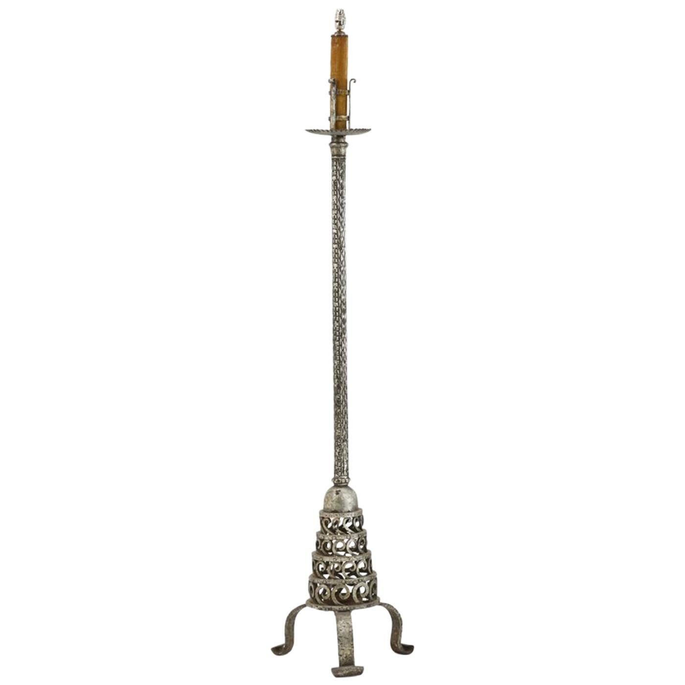 1960s Spanish Silvered Wrought Iron Floor Lamp For Sale