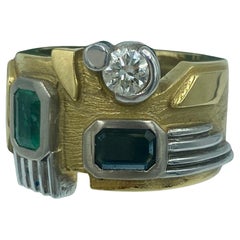 1960s special design 18k gold, diamond, emerald & sapphire ring