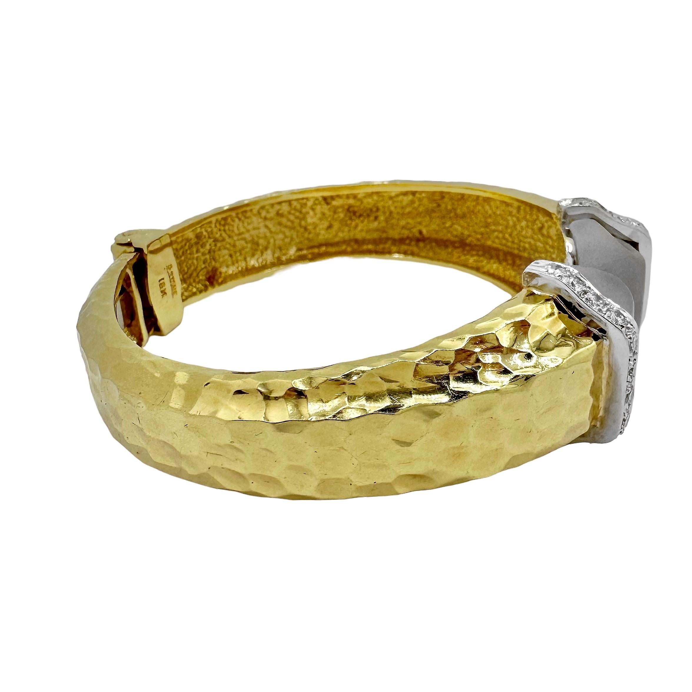 Brilliant Cut 1960s Split Front, Hammered Gold, Diamond & Frosted Crystal Bracelet by R. Stone For Sale