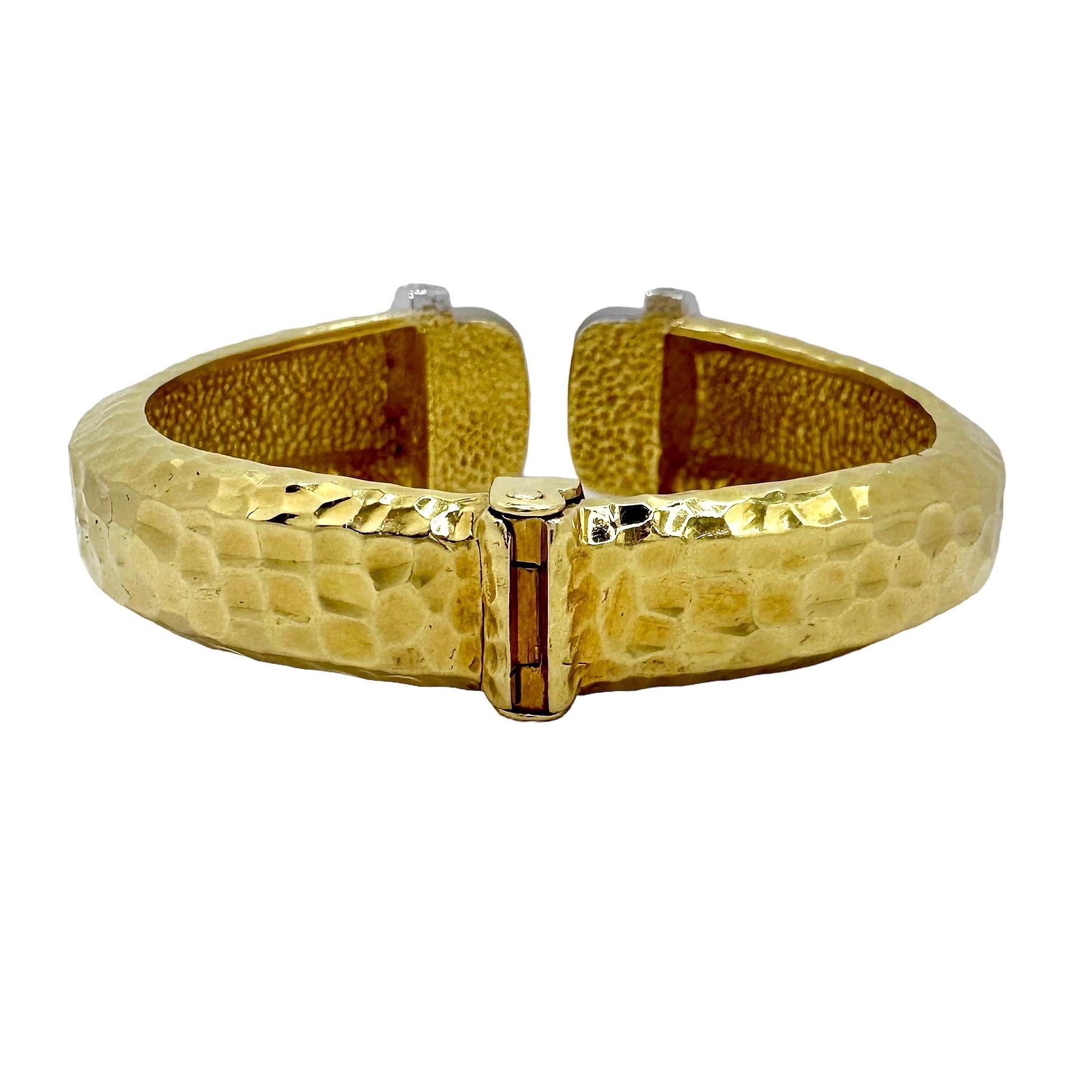 Women's 1960s Split Front, Hammered Gold, Diamond & Frosted Crystal Bracelet by R. Stone For Sale