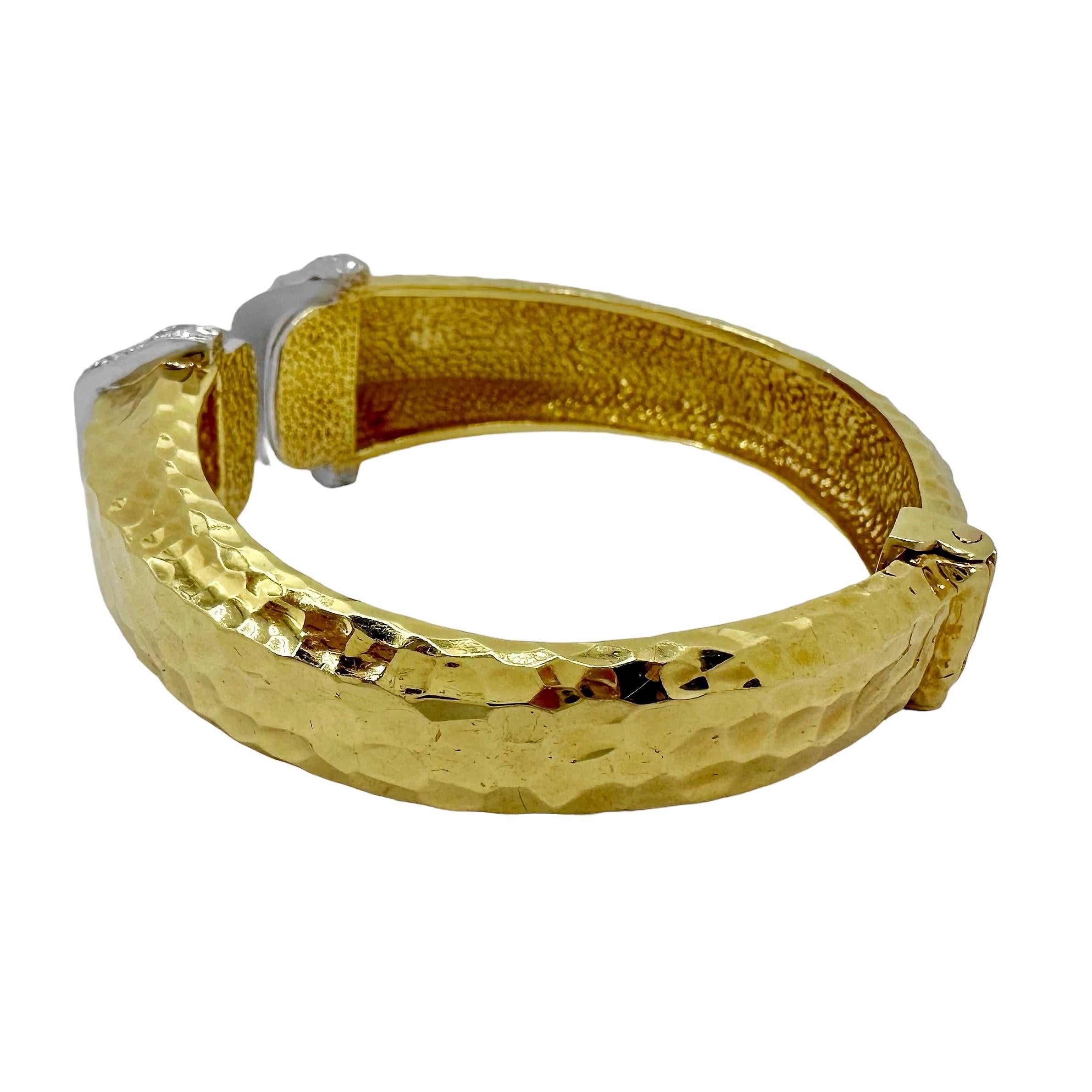 1960s Split Front, Hammered Gold, Diamond & Frosted Crystal Bracelet by R. Stone For Sale 1