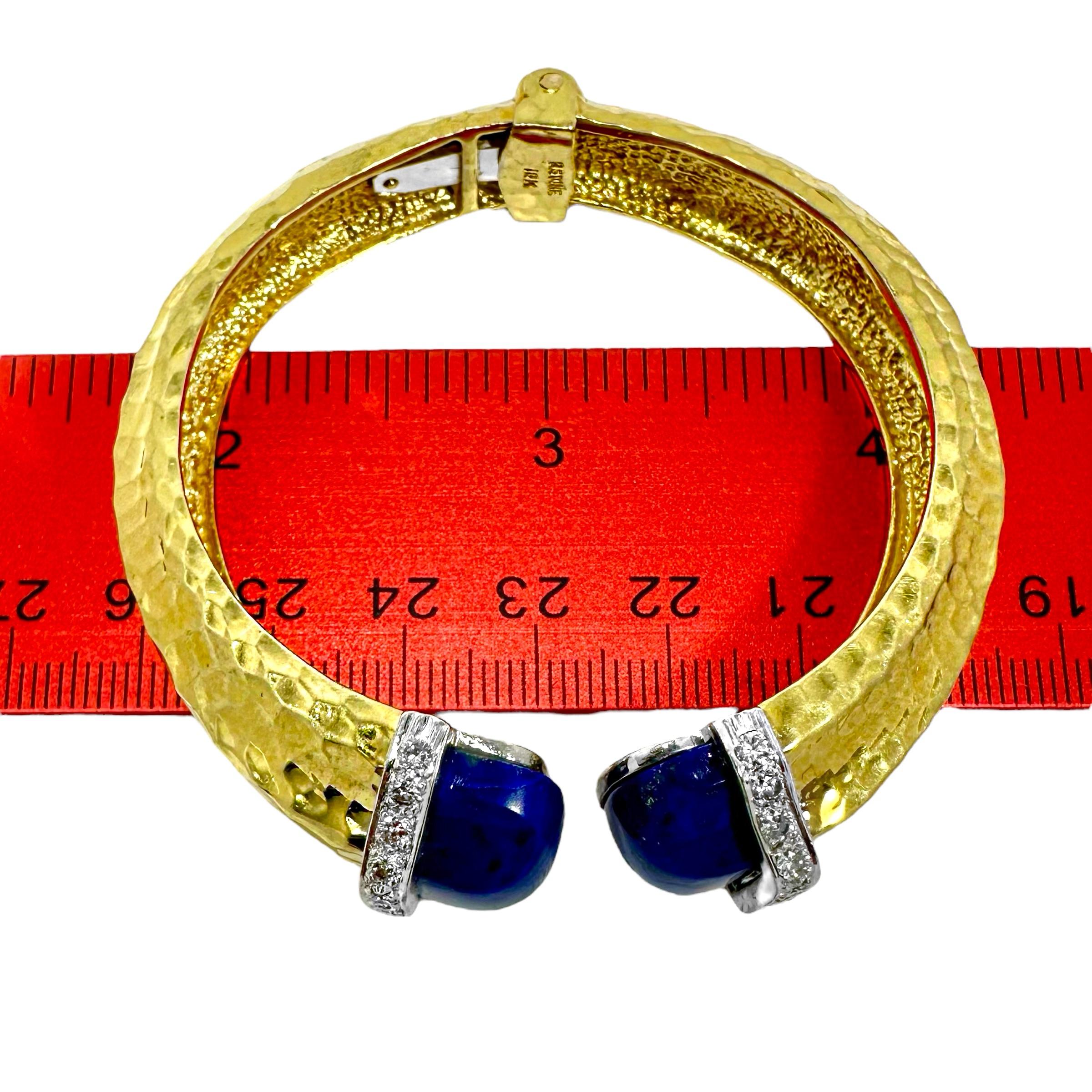 1960s Split Front, Hammered Gold, Diamond & Lapis-Lazuli Bracelet by R. Stone For Sale 4