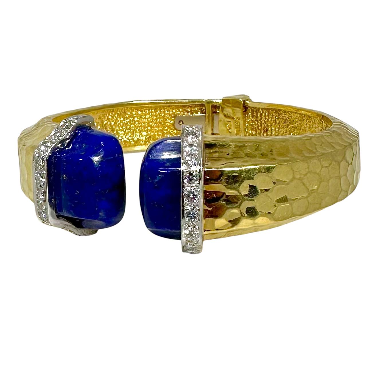 Modern 1960s Split Front, Hammered Gold, Diamond & Lapis-Lazuli Bracelet by R. Stone For Sale