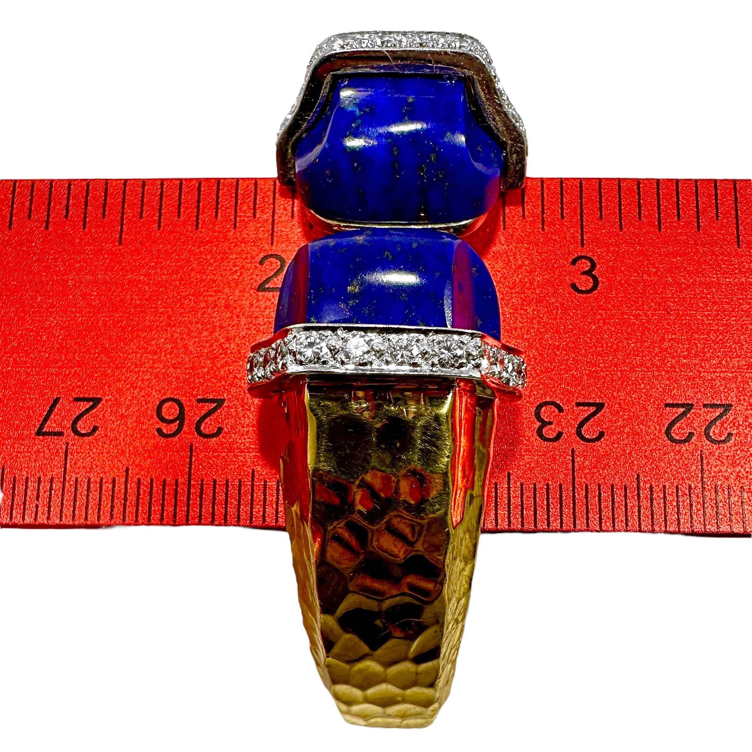 1960s Split Front, Hammered Gold, Diamond & Lapis-Lazuli Bracelet by R. Stone For Sale 3