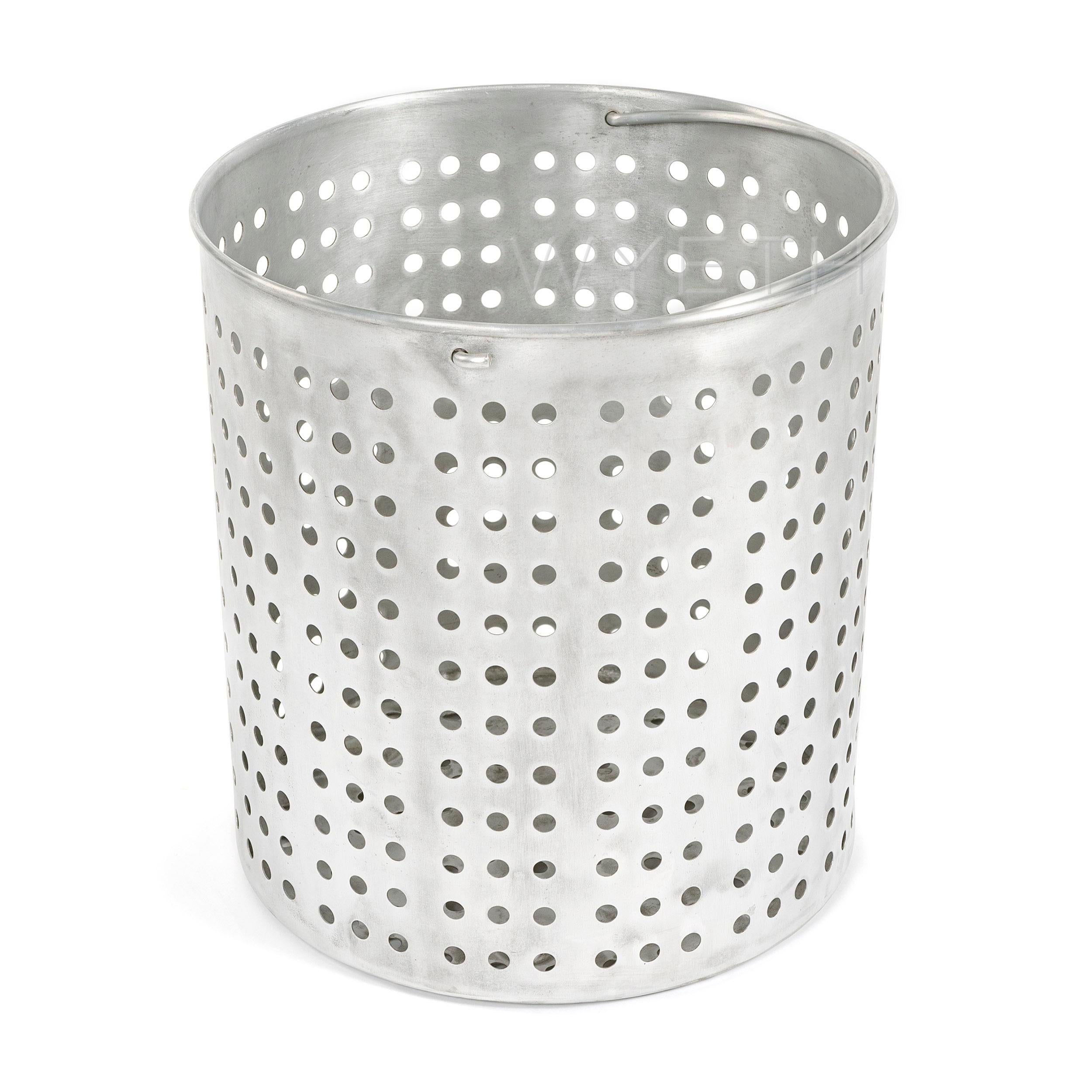 A large scaled spun and machined aluminum perforated basket with pivoting handle.