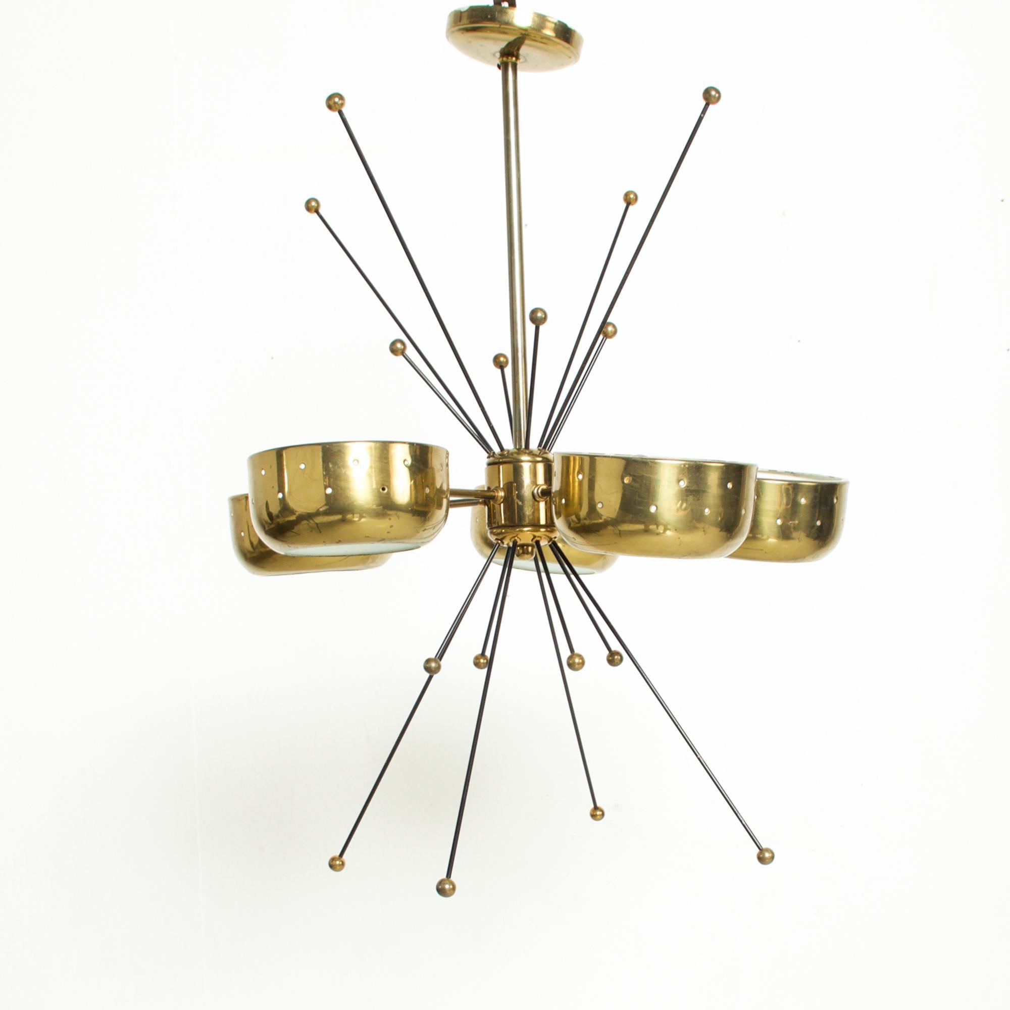 Mid-Century Modern 1960s Sputnik Chandelier Five Perforated Brass Shades Style Paavo Tynell, Italy