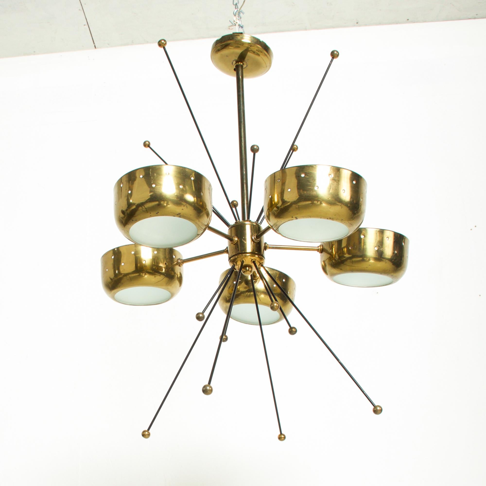Italian 1960s Sputnik Chandelier Five Perforated Brass Shades Style Paavo Tynell, Italy