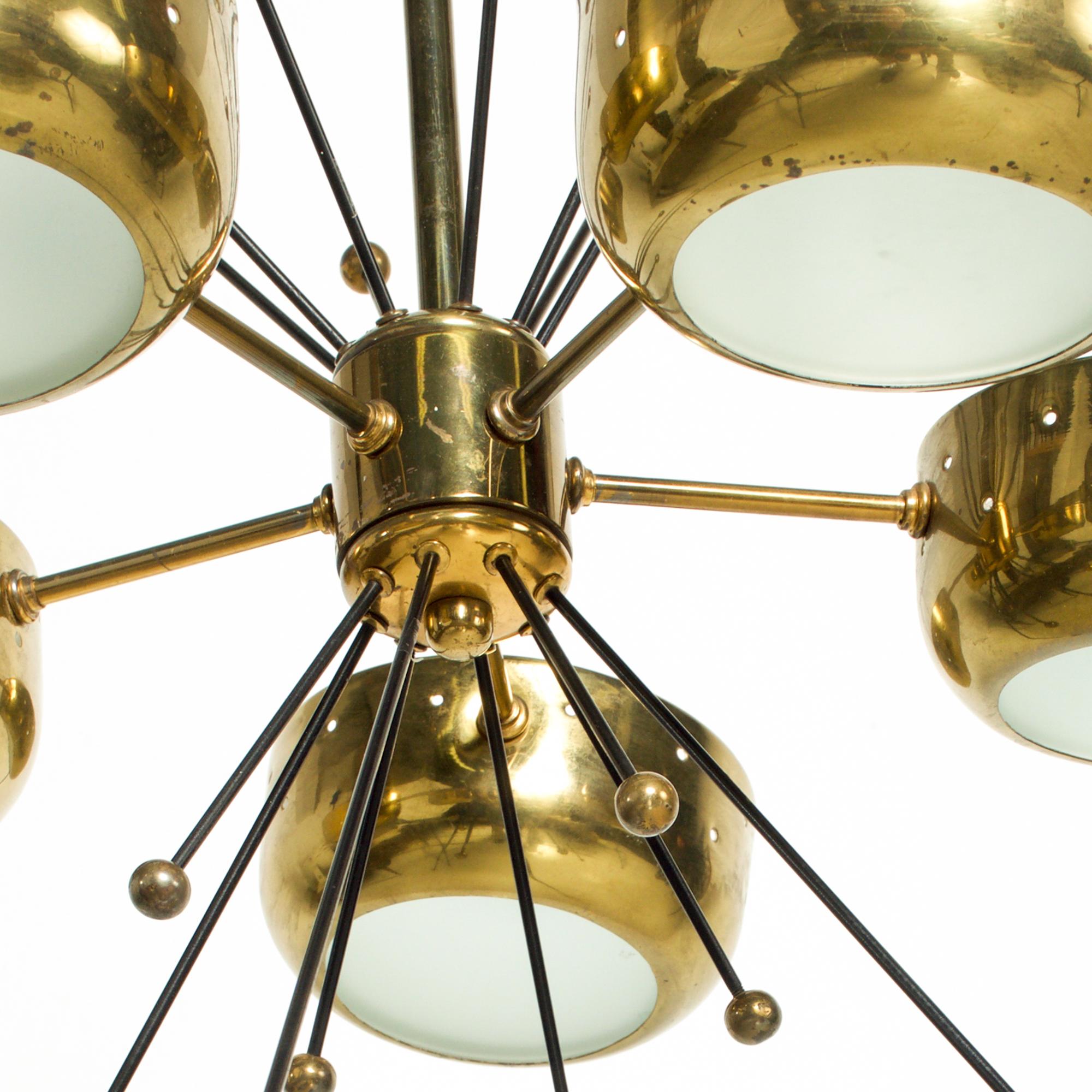 1960s Sputnik Chandelier Five Perforated Brass Shades Style Paavo Tynell, Italy In Good Condition In Chula Vista, CA