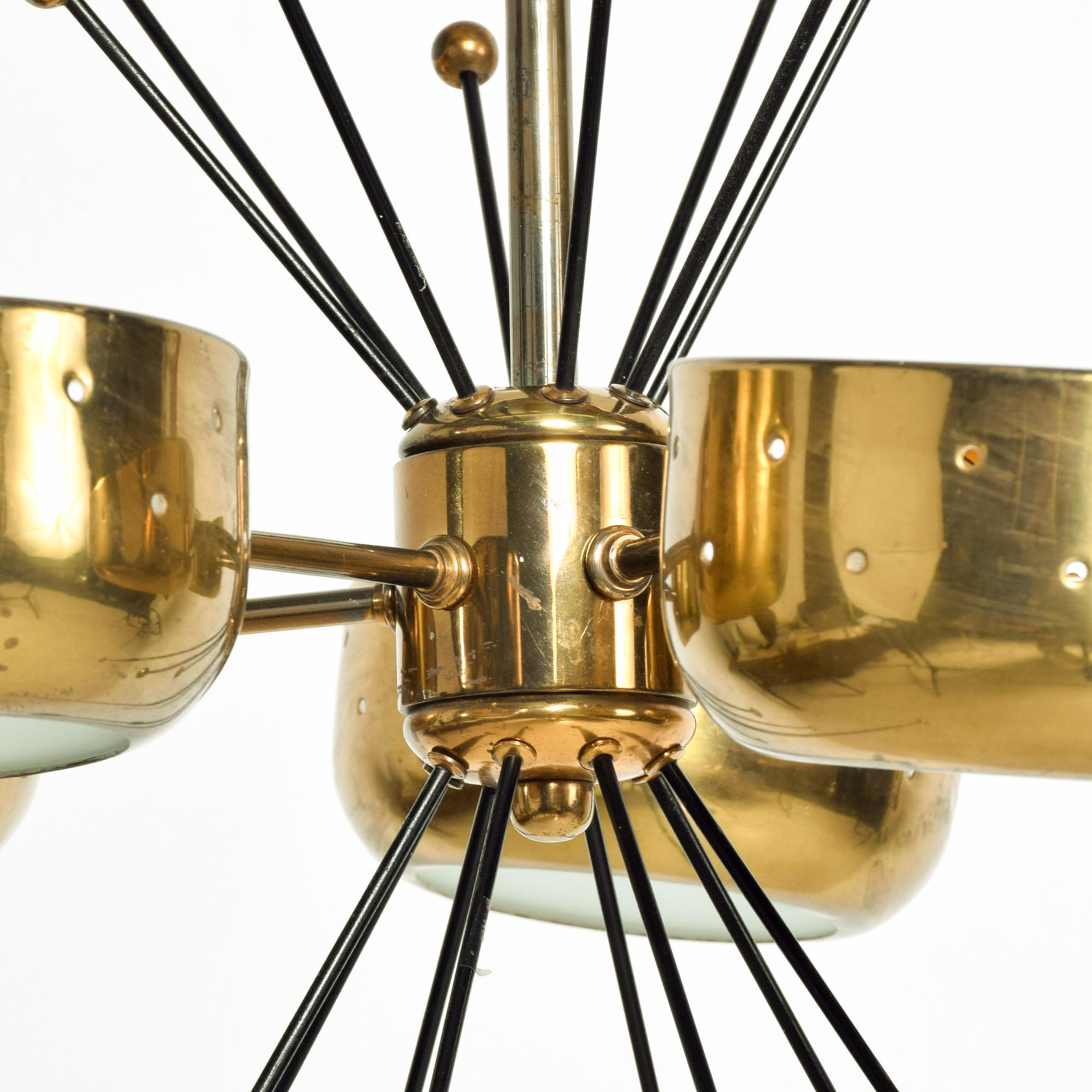 1960s Sputnik Chandelier Five Perforated Brass Shades Style Paavo Tynell, Italy 1
