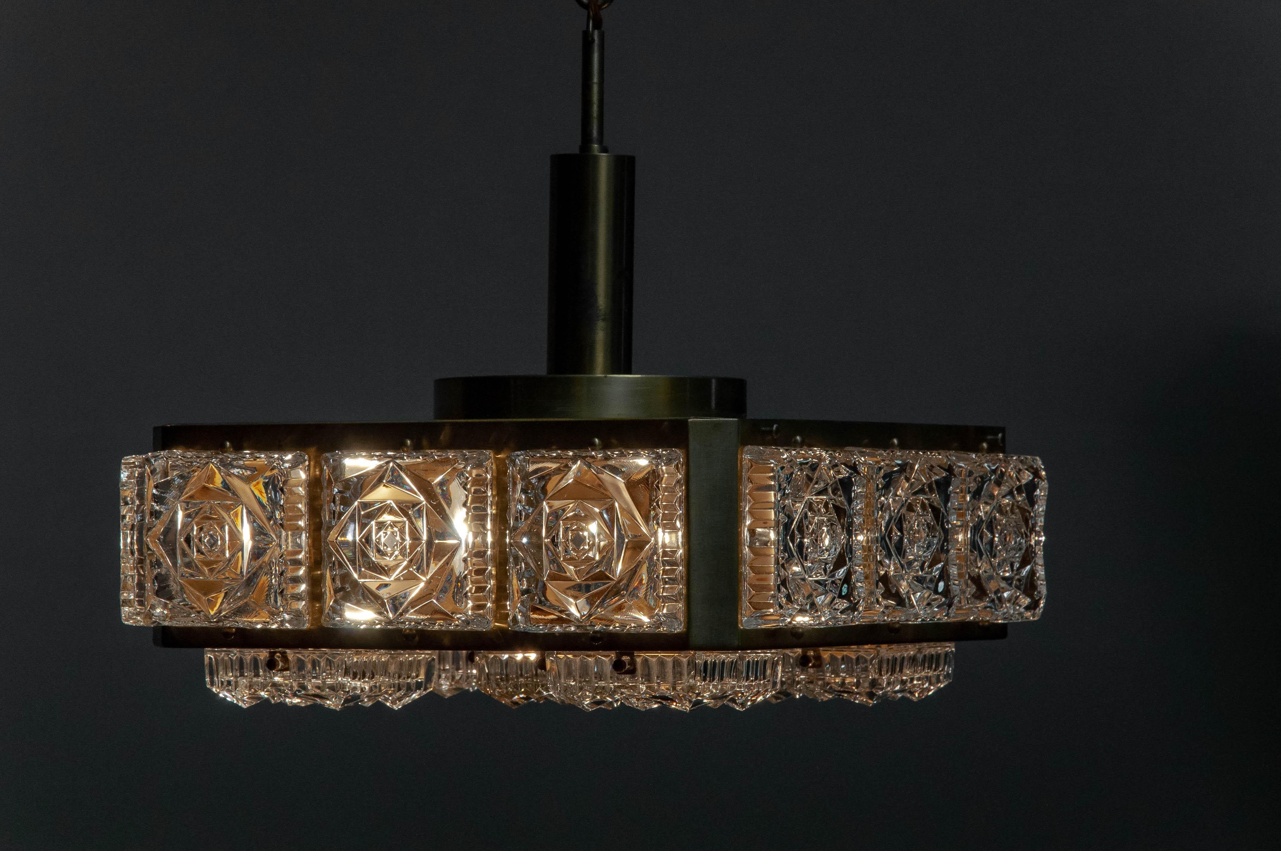 1960s Square Ceiling Lamp In Brass With Square Pressed Art Glass By Boréns Borås In Good Condition In Silvolde, Gelderland