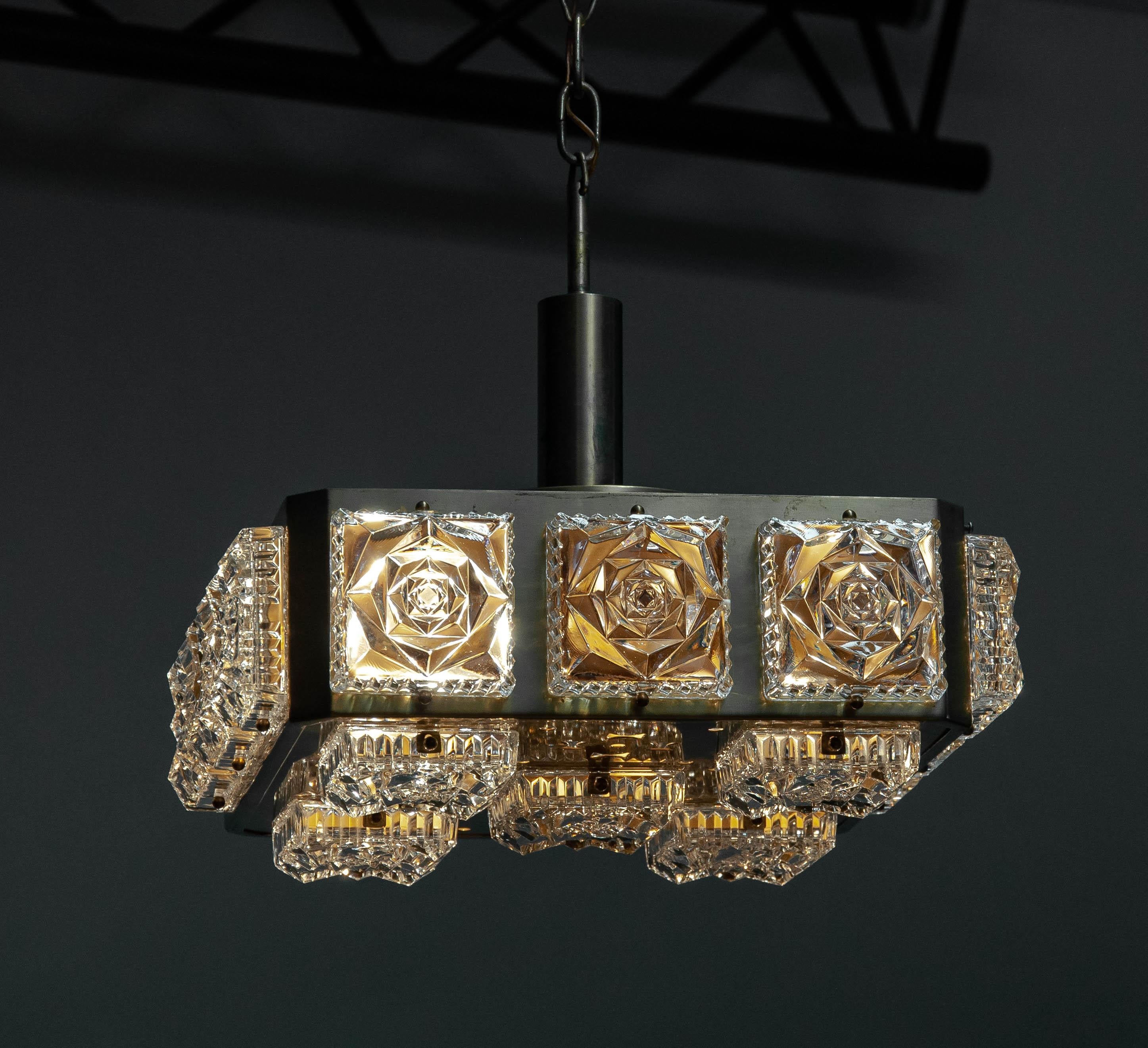 Mid-20th Century 1960s Square Ceiling Lamp In Brass With Square Pressed Art Glass By Boréns Borås