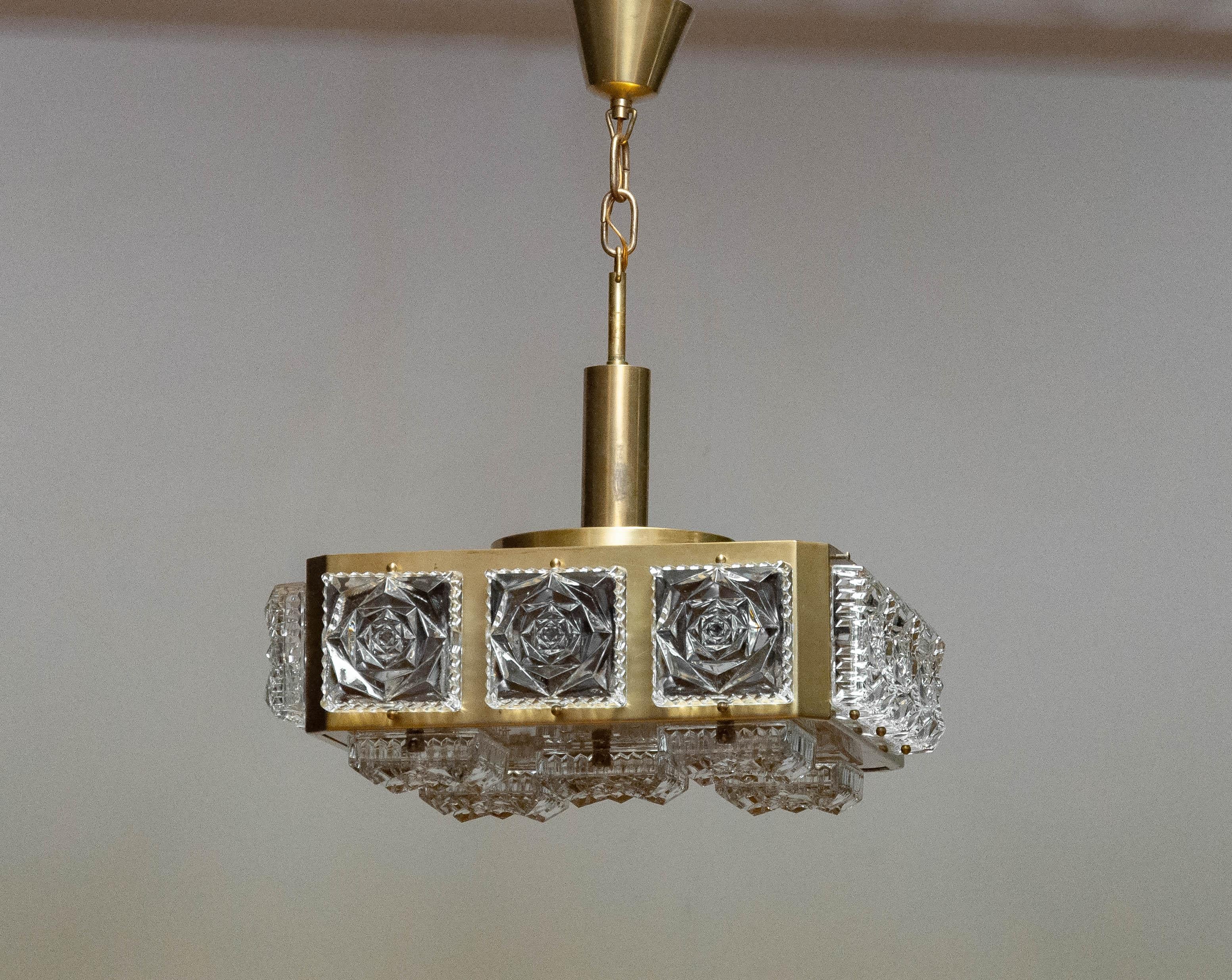 1960s Square Ceiling Lamp In Brass With Square Pressed Art Glass By Boréns Borås 2