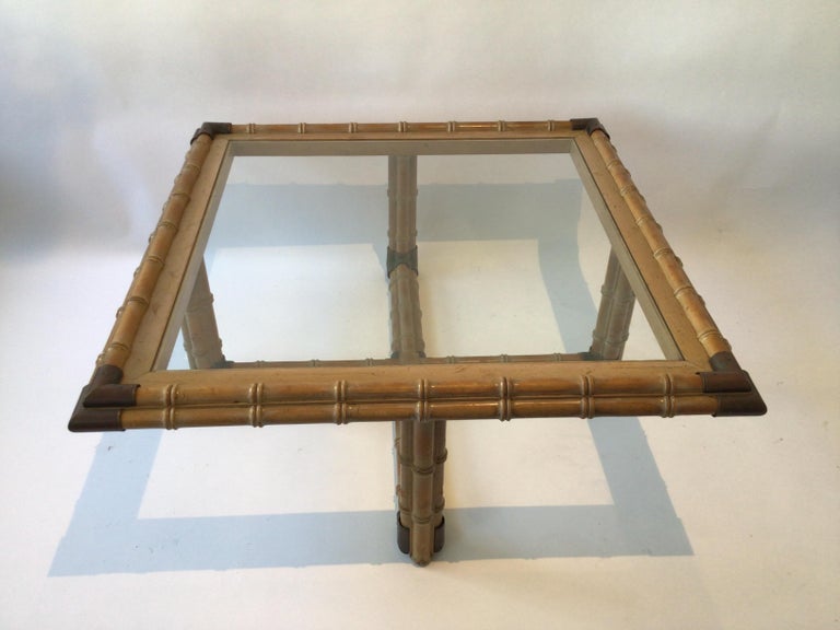 1960s Square Faux Bamboo Wood Coffee Table with Brass Accents Glass Top