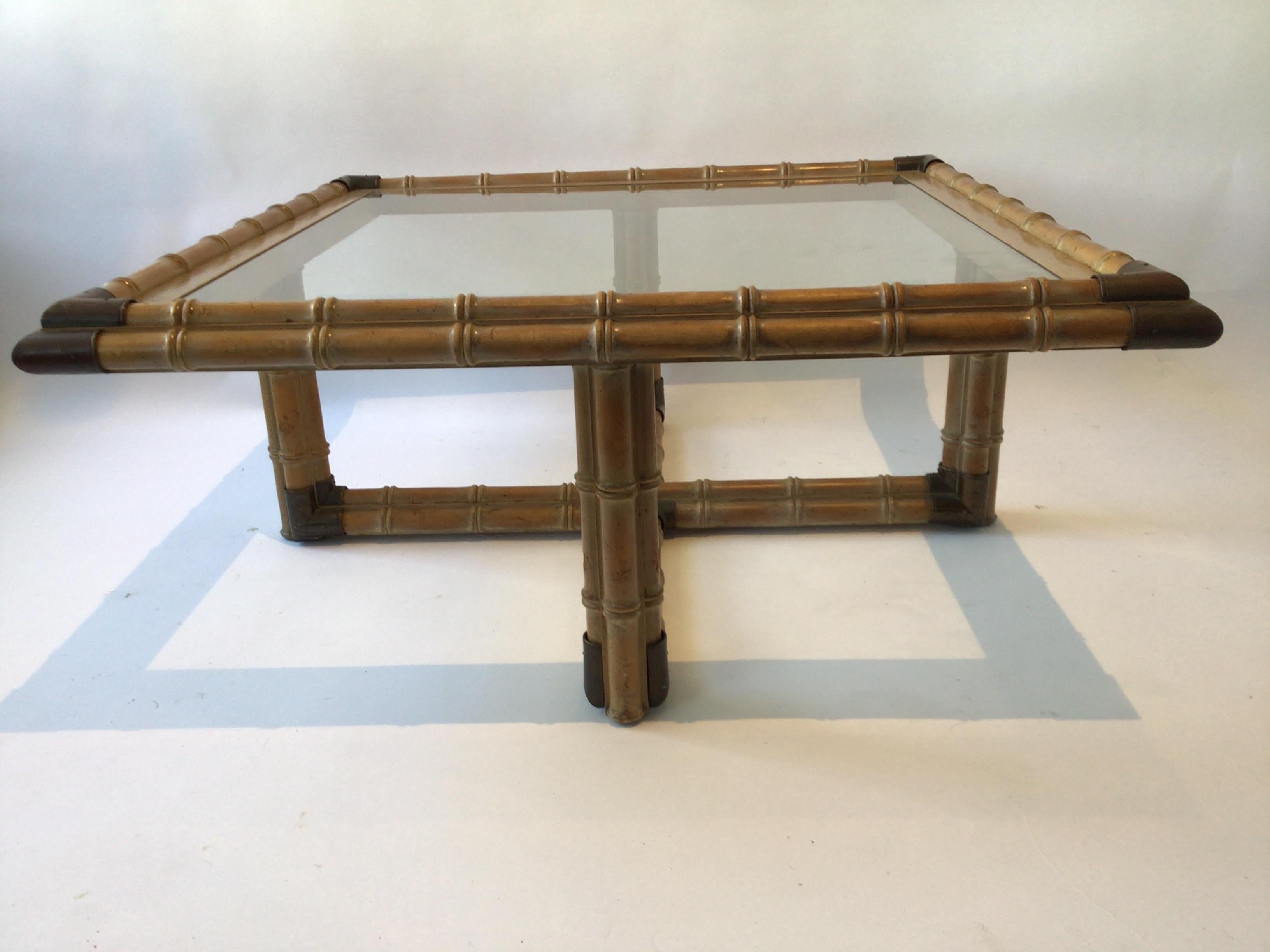 1960s Square Faux Bamboo Wood Coffee Table with Brass Accents Glass Top In Good Condition For Sale In Tarrytown, NY