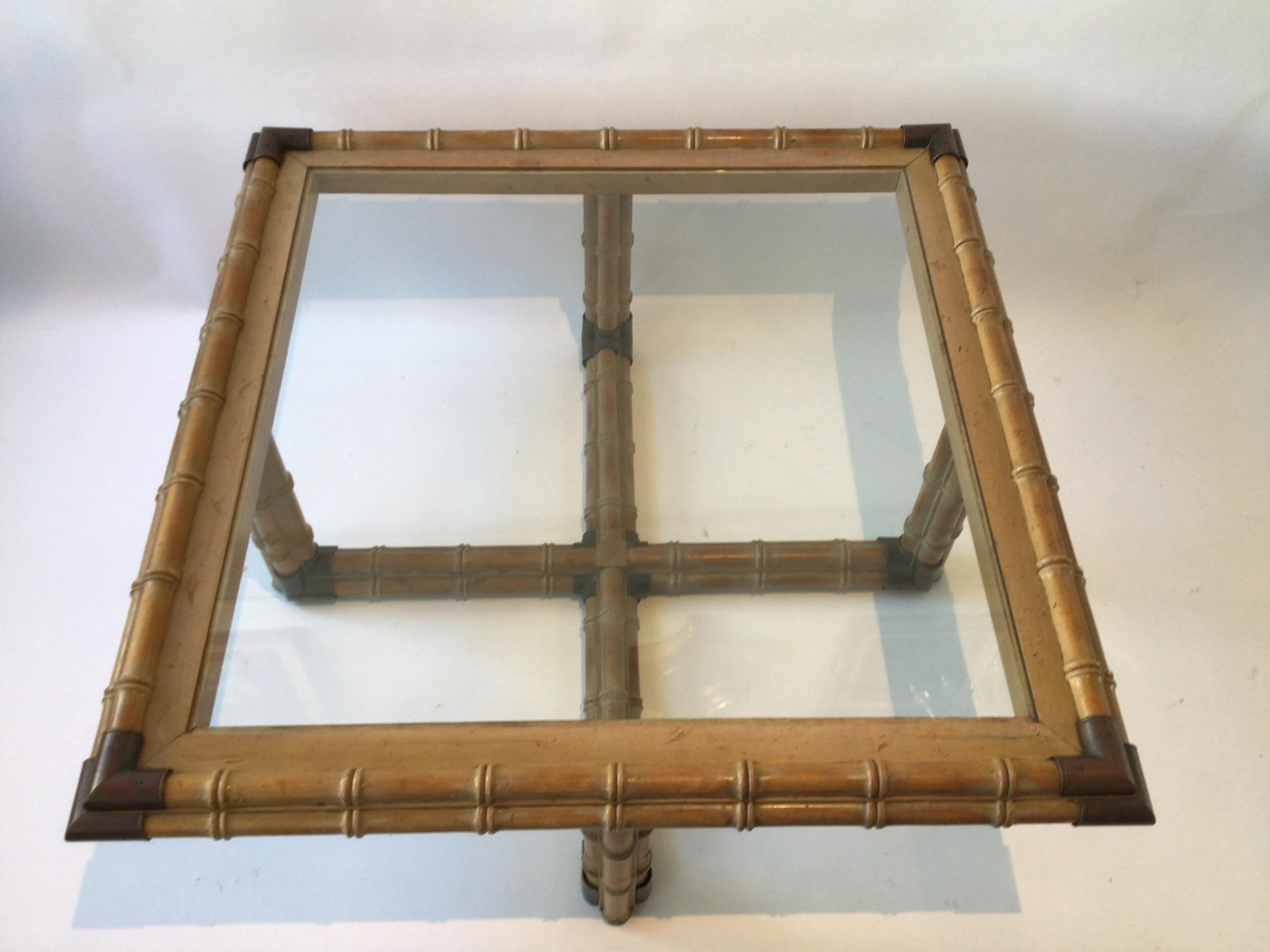 Mid-20th Century 1960s Square Faux Bamboo Wood Coffee Table with Brass Accents Glass Top For Sale