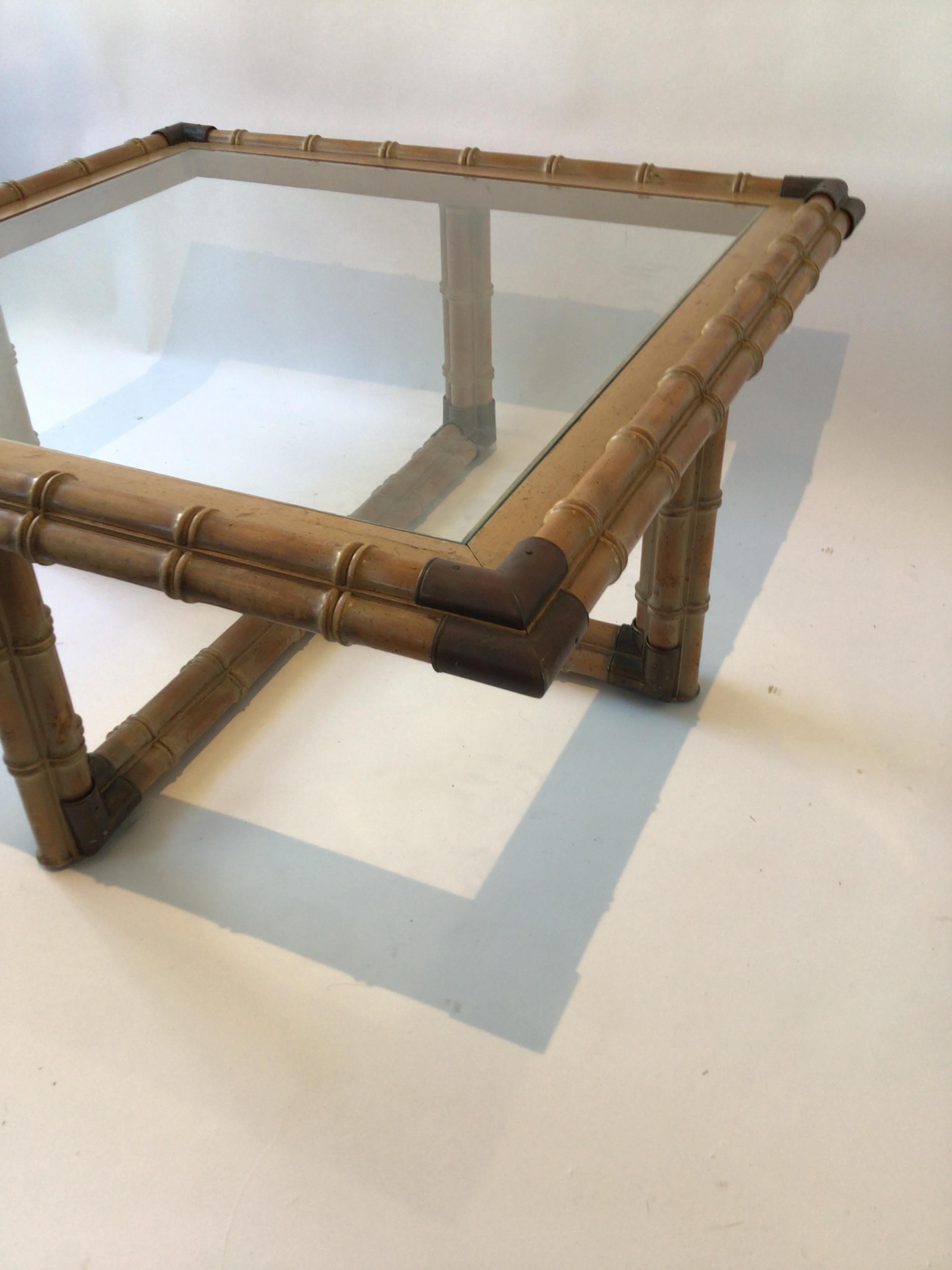 1960s Square Faux Bamboo Wood Coffee Table with Brass Accents Glass Top For Sale 5