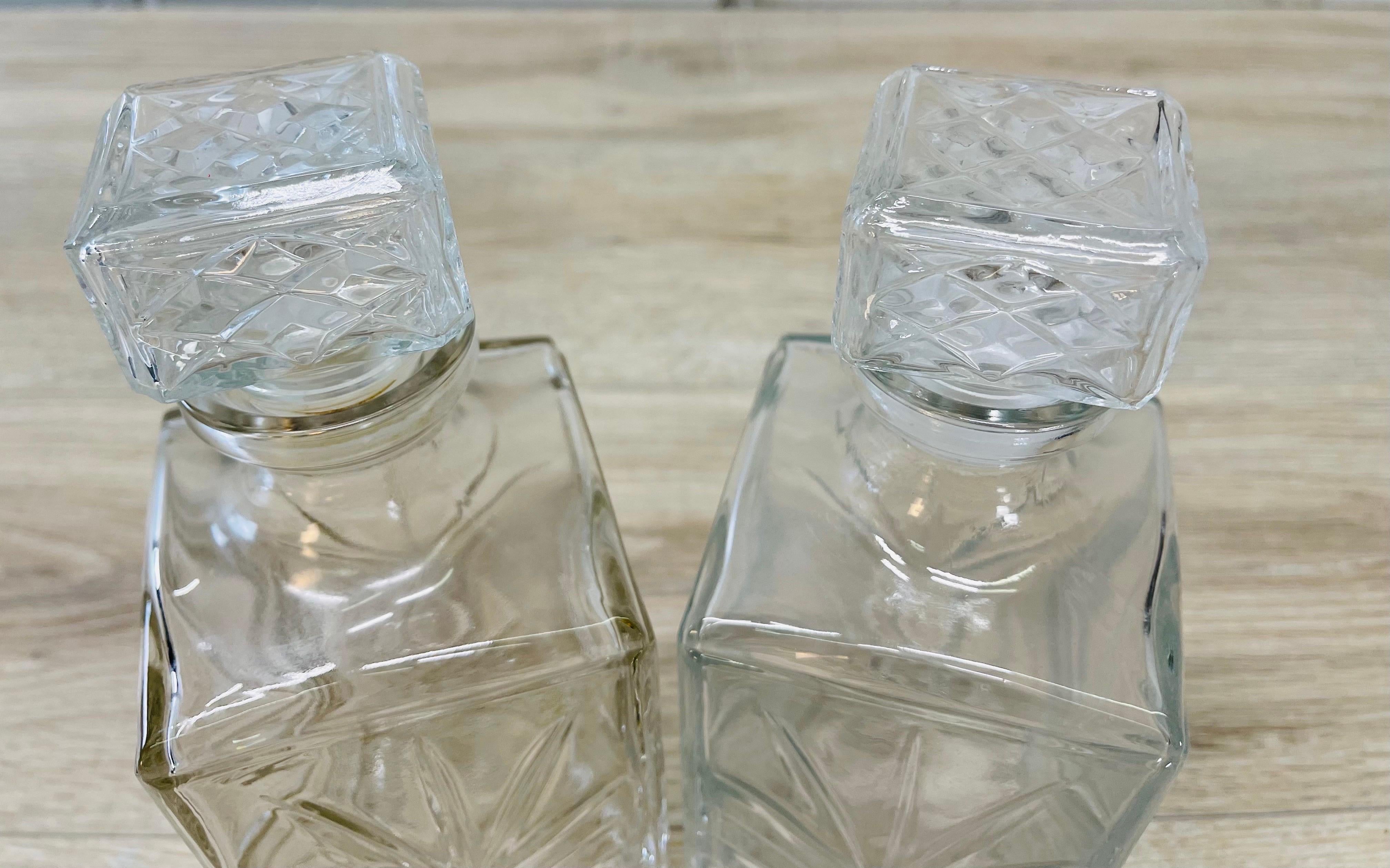 1960s, Square Glass Decanters, Pair In Good Condition For Sale In Amherst, NH