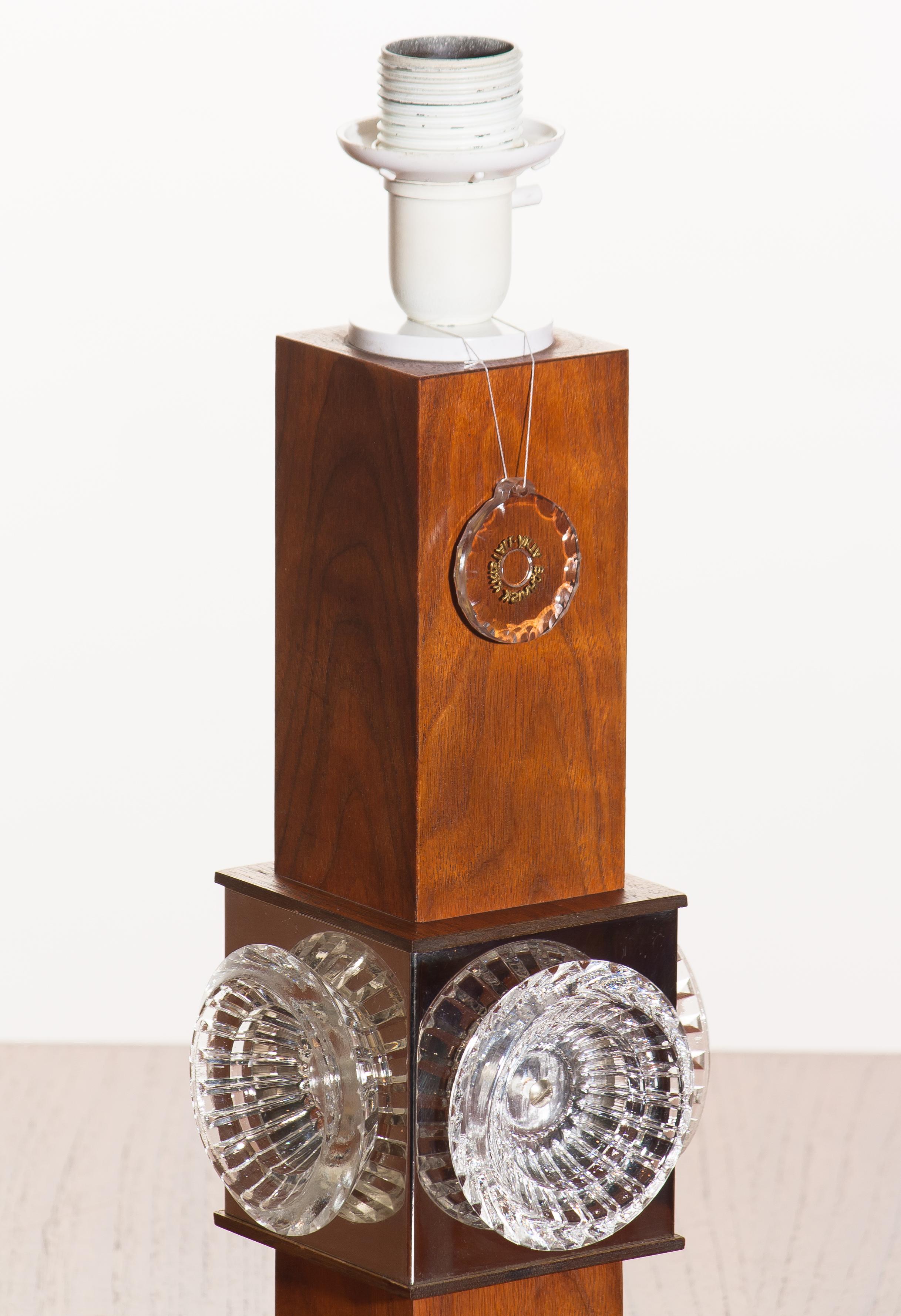 Swedish 1960s, Square Scandinavian Bohemian Crystal and Teak Wooden Table or Desk Lamp