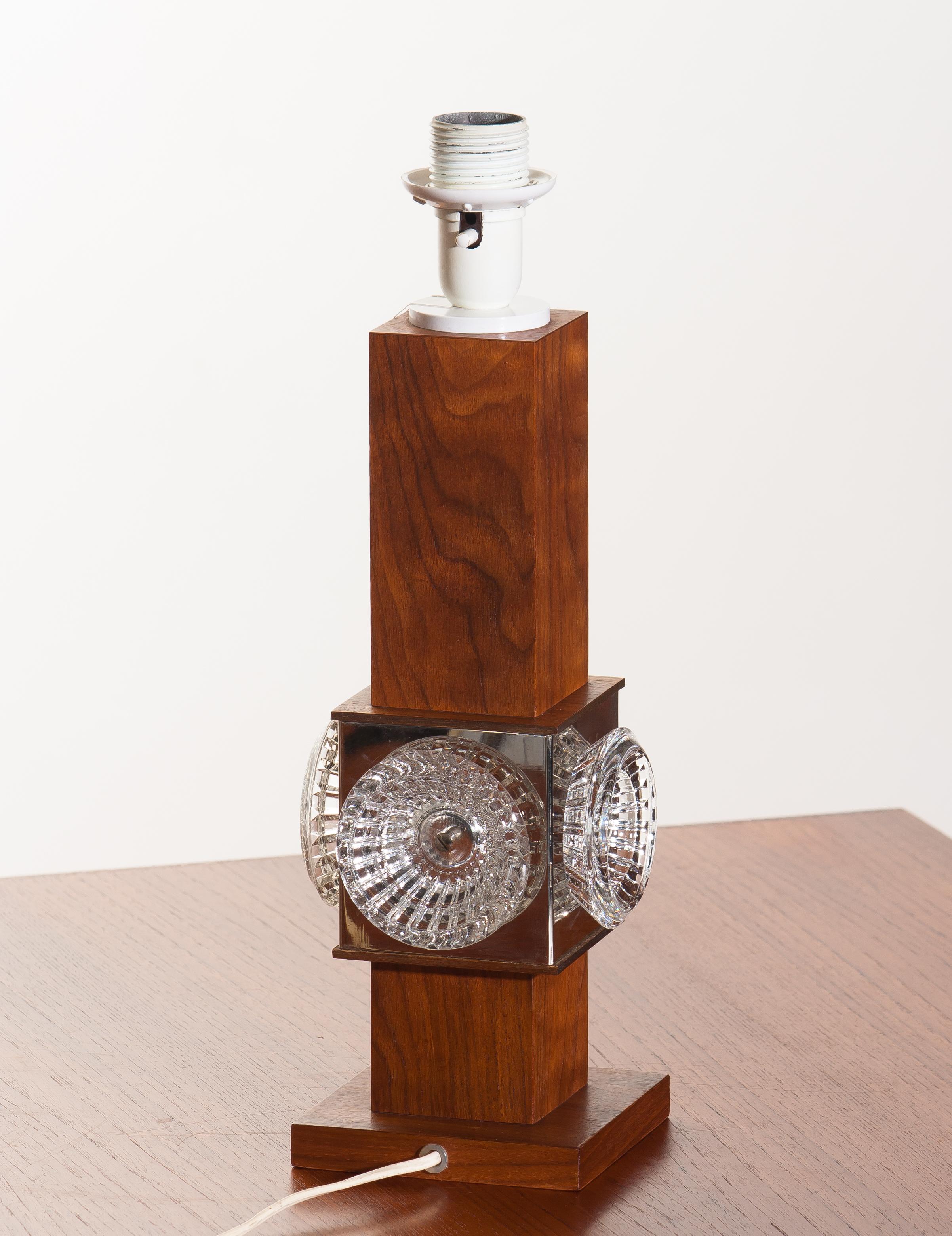 Mid-20th Century 1960s, Square Scandinavian Bohemian Crystal and Teak Wooden Table or Desk Lamp
