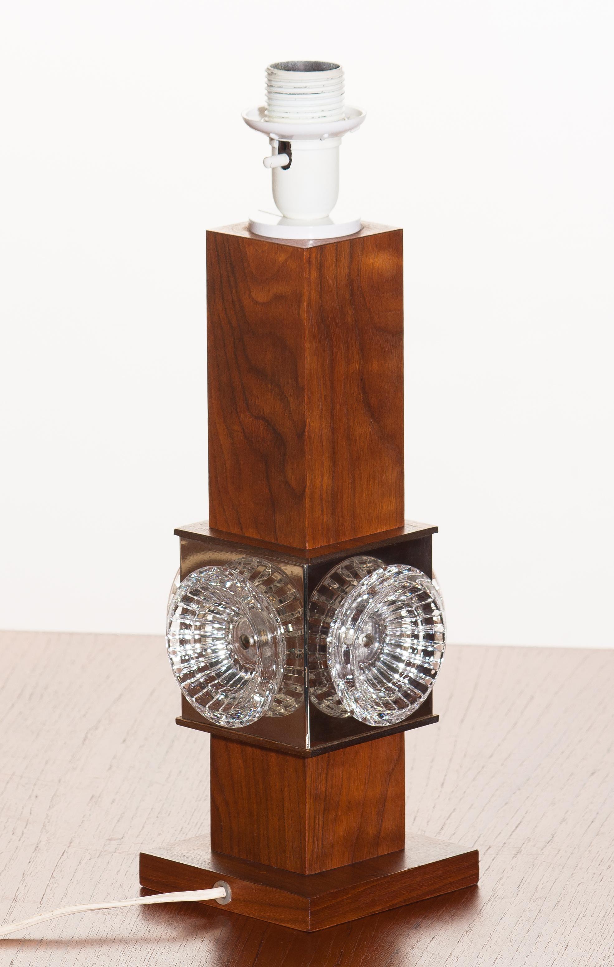 1960s, Square Scandinavian Bohemian Crystal and Teak Wooden Table or Desk Lamp 1